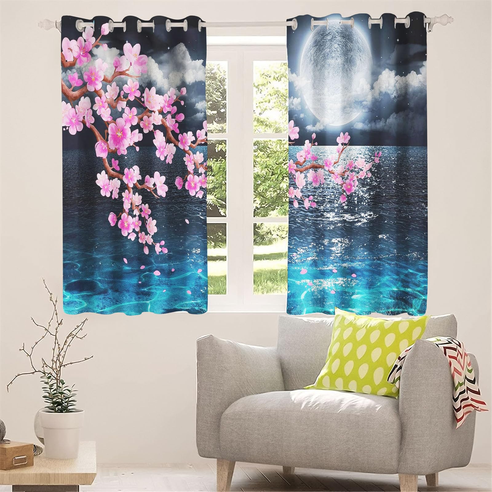 Vorhang Kirschblüten Japanische Gardine Kirschblüte Rosa Vorhänge Blickdicht Ösenvorhang 3D Druck Verdunklungsvorhänge Blumenmuster 2er Set Wohnzimmer (1,183 x 160 cm(2X91X160cm))