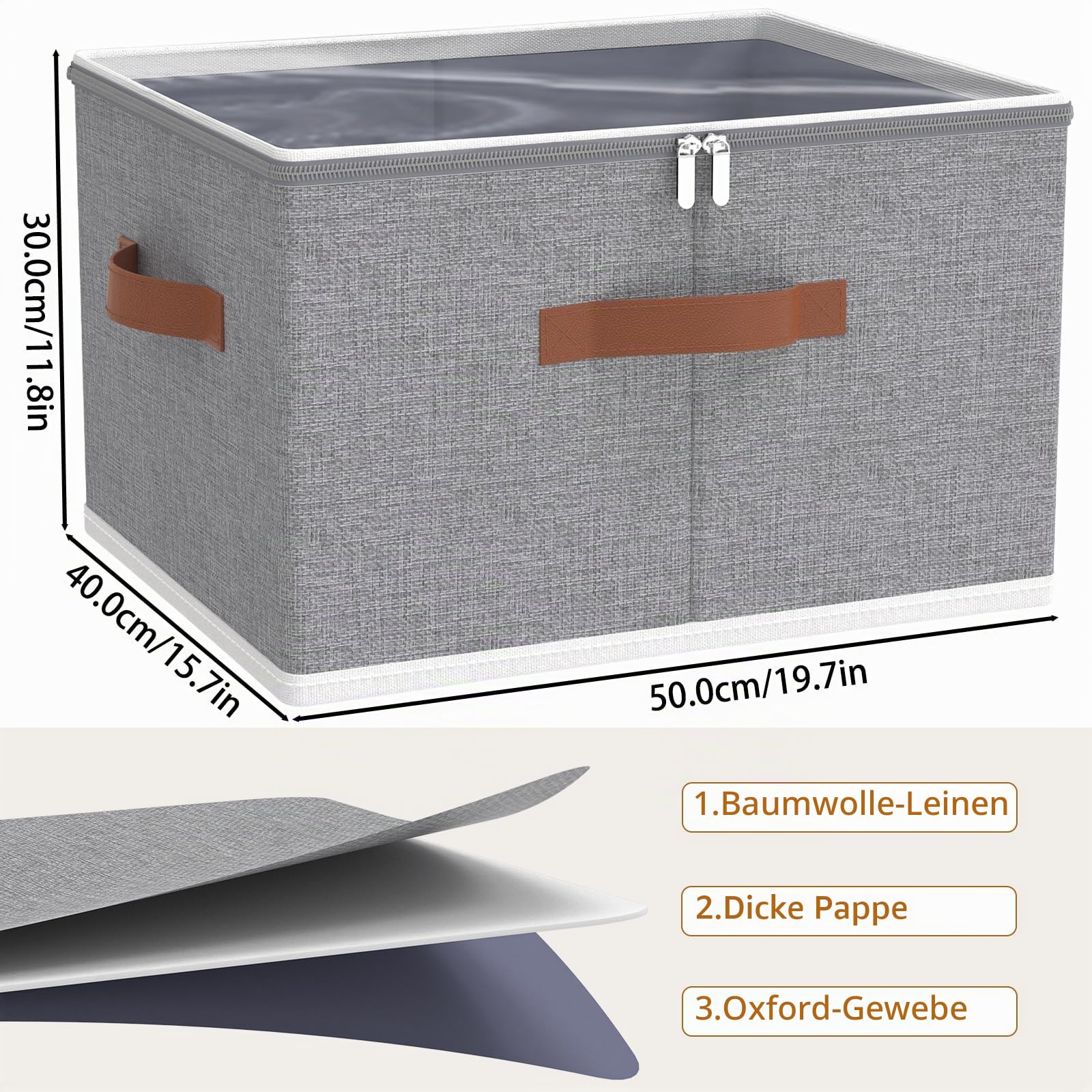 OUTBROS 2 Stück Faltbare aufbewahrungsboxen mit Deckel 50x40x30cm, Grau | Stoffboxen aufbewahrung mit Griff, Kleiderschrank Organizer, Unterbett Aufbewahrungsbox für Kleidung, Decken, Bettdecken