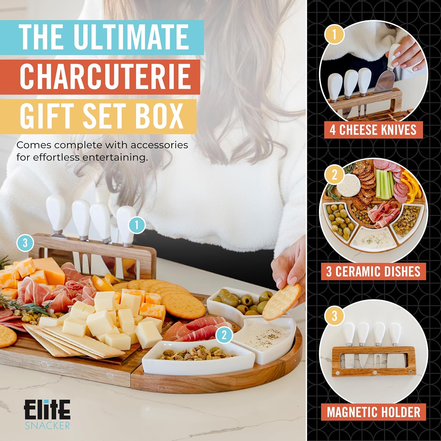 Large Wooden Charcuterie Board Set (Oil Finish) - 3-Piece Magnetic Long Serving Board Tray with Charcuterie Accessories - Acacia Wood Cheese Platter with Cheese Knife Set & Ceramic Dishes - Brown - Image 2