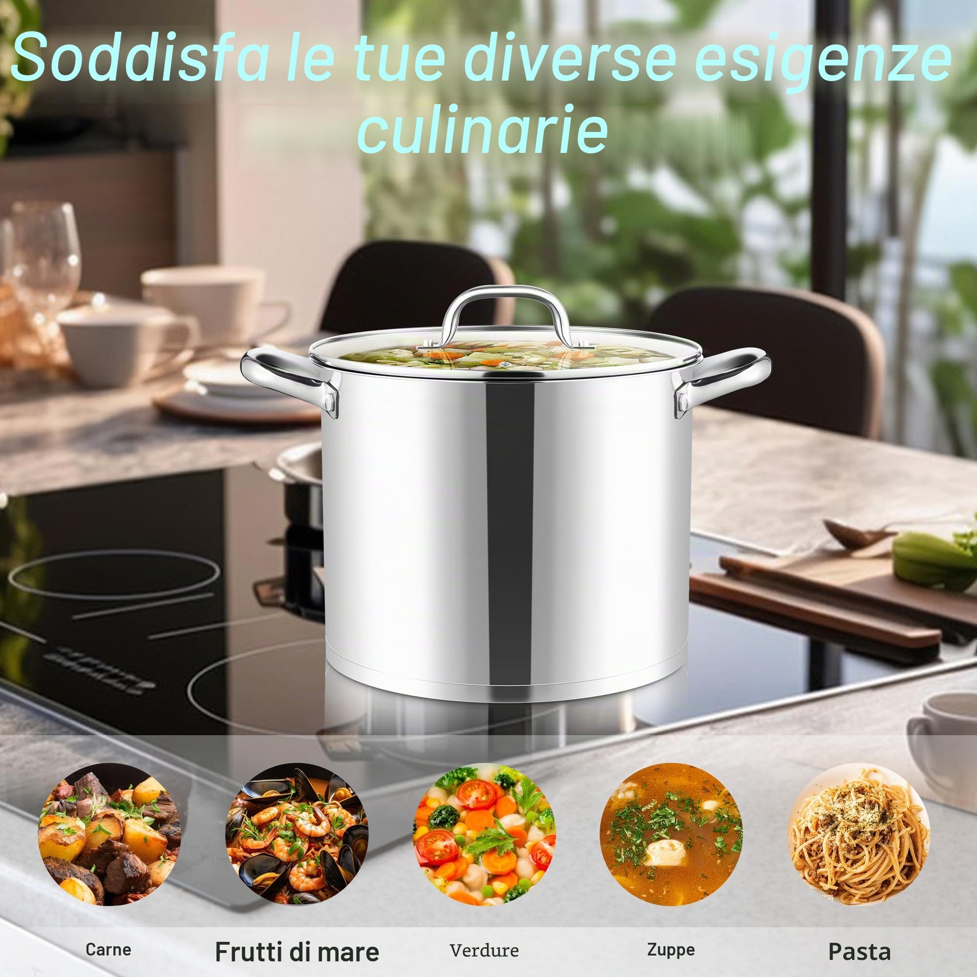 Joyfair Pentola da 11,4 litri in acciaio inox grande pentola a induzione con coperchio in vetro, 3 strati di fondo stabile per tutti i tipi di fornelli, pentola per pasta di alta qualità per cucinare
