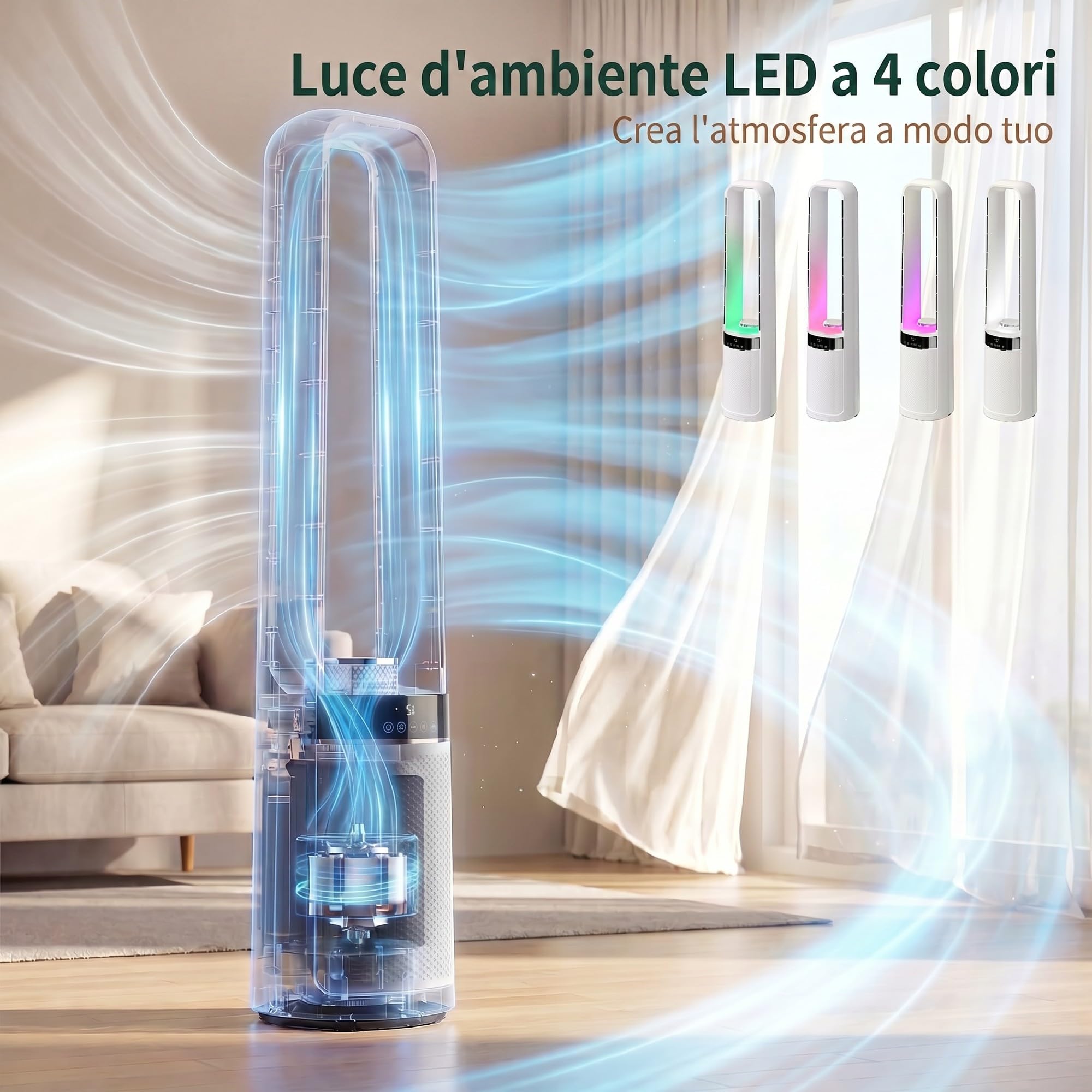 HOMCOM Ventilatore a Torre Senza Pale per Camera da Letto, 3 Velocità, Silenzioso 36dB, con Oscillazione a 45°, Luci LED, Timer 12H, Telecomando, 94 cm, Bianco