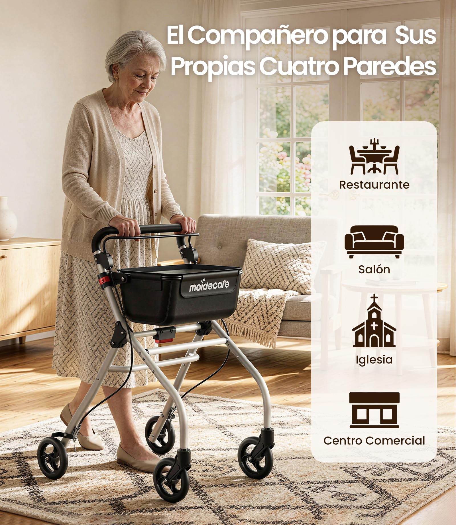 Andador para Ancianos, Andador Plegable con Asiento para Personas Mayores, Estrecho para Apartamento, Modelo de Interior Plegable y Ligero con Bandeja y Bolsa de Tela, 4 ruedas, Aluminio, Blanco