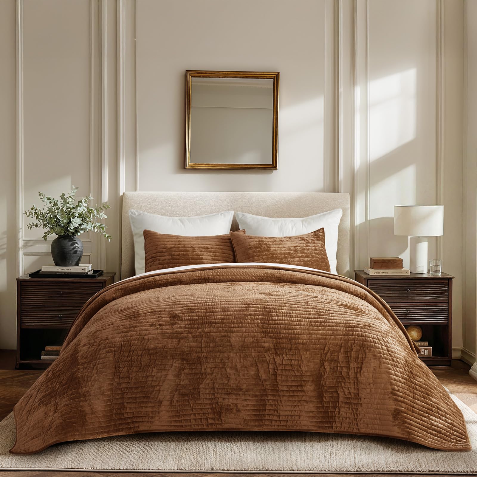 EverGrace Velvet Quilt Set - Cal King Beige -15 EverGrace Velvet Quilt Set - Cal King Beige -15