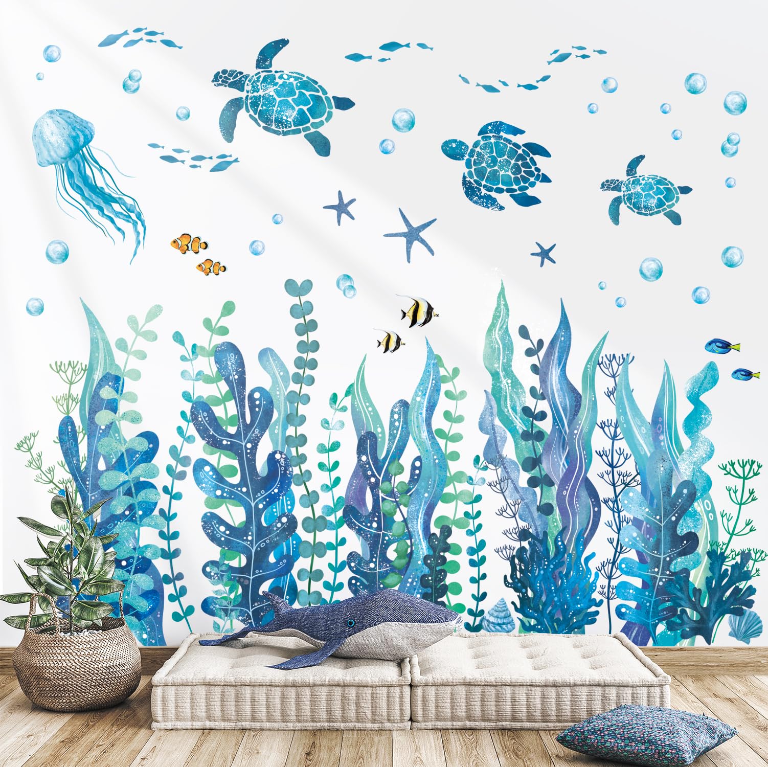 Decowall Men's Under The Sea Ds12-8084 Seaweed Wall Stickers Fish Turtle Ocean Grass Jellyfish Wall Decals Baby Nursery Kids Bedroom Bathroom Wall Décor