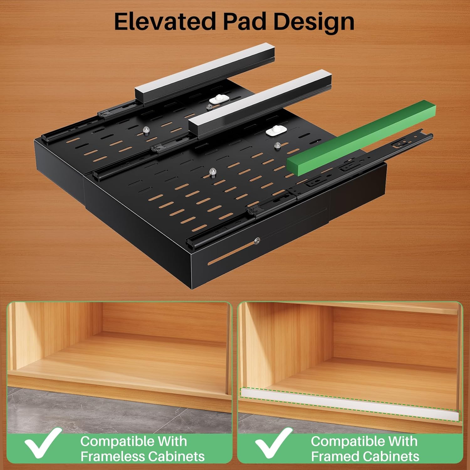 2 Pack Pull out Cabinet Organizer, Expandable Width(14"-24"), Depth(13"-24") with 3 Rails, Slide Out Drawers With Raising Pad for Framed Cabinets, with Adhesive Film for Cabinets in Kitchen, Black