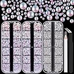 4000PCS Flatback Rhinestones and Half Round Pearls Kit 21, Multi Size Glass Clear Crystals, Plastic Flat Back Pink Mermaid Dome Bead with Pickup Pencil and Tweezer for Nail Art