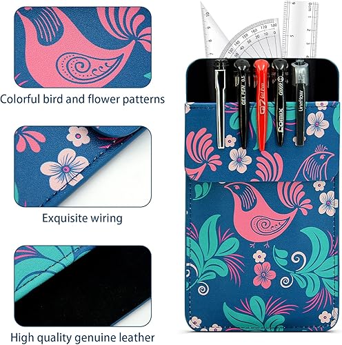 Miniatura 5 de Protector de bolsillo de cuero para hombres 2 protectores de bolsillo multiusos para camisas - Protector de bolsillo con patrón floral y de pájaro