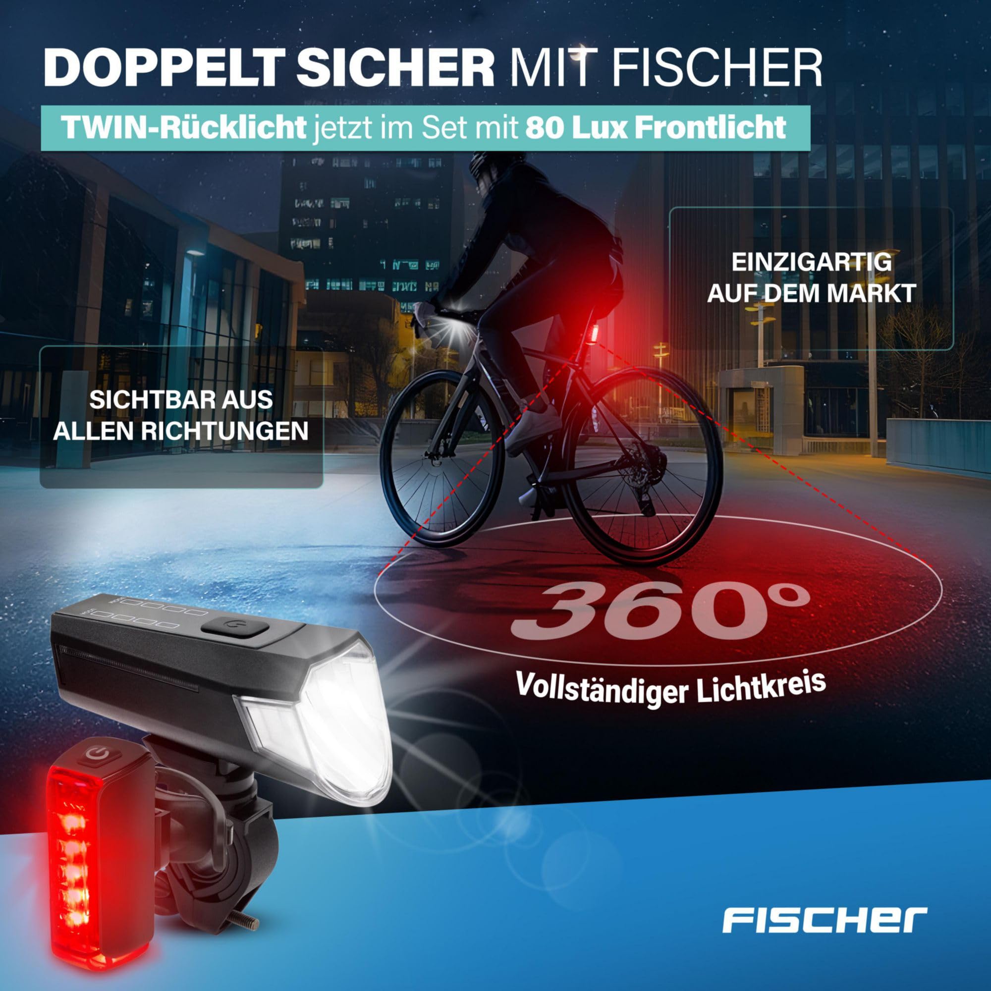 FISCHER Set di luci doppie per bicicletta, illuminazione a 360°, lampada a LED per bicicletta, 80 Lux, batteria ricaricabile con USB C, montaggio anteriore e posteriore senza attrezzi