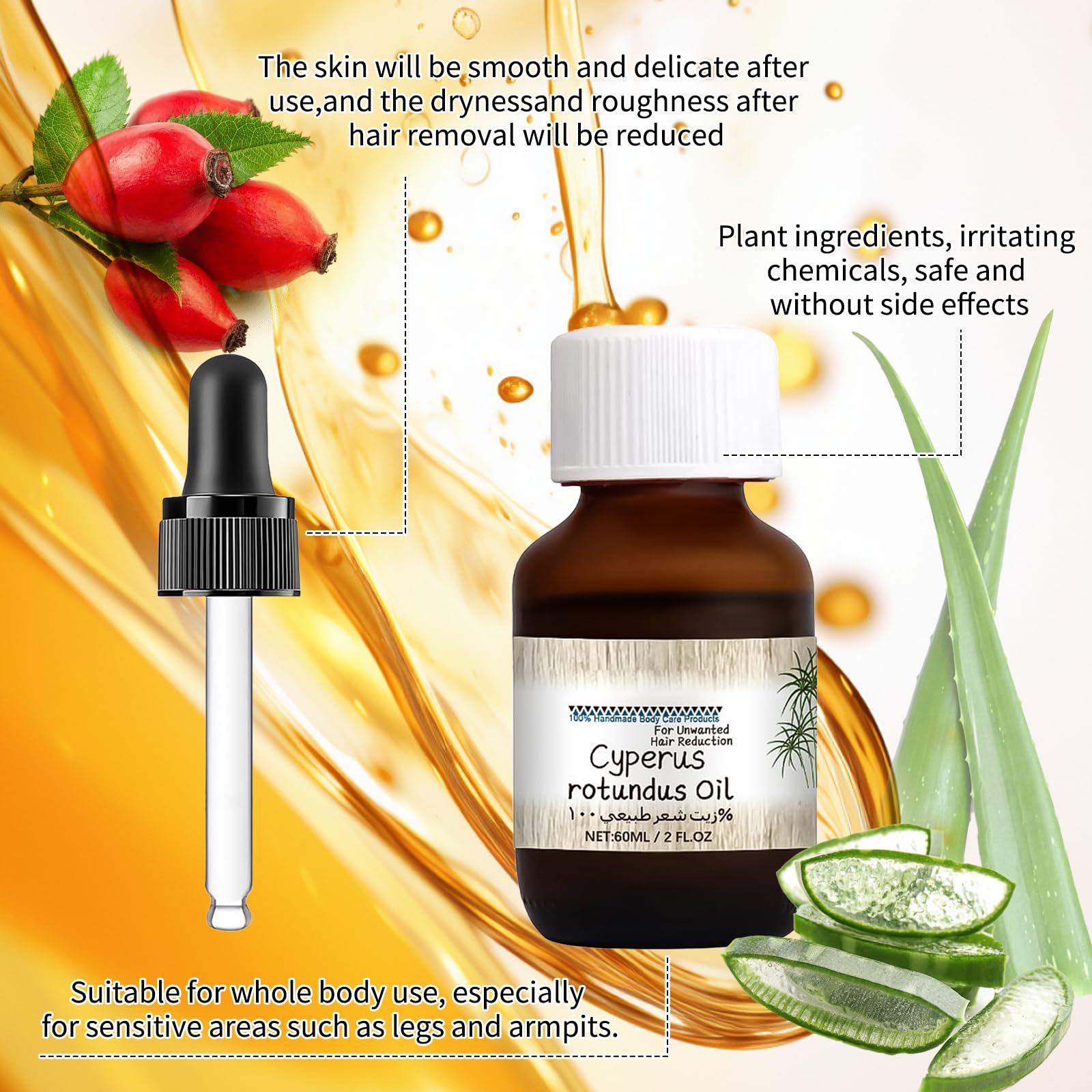 Cyperus Rotundus Oil 2 Pcs Huile Végétale pour Épilation Huile Végétale Huile Cyperus Biologique Livré avec 2 Compte-Gouttes et 2 Grattoirs D'épilation pour Réduire Croissance des Poils Sur Corps