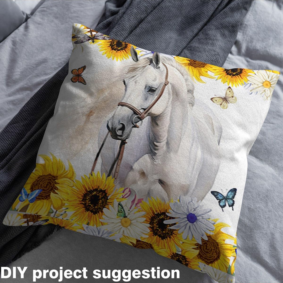 White Horse Fabric by The Yard Sunflower Upholstery Fabric Dragonfly Butterfly Decorative Fabric Yellow Floral Indoor Outdoor Fabric for Adult Boy Girls, Waterproof Quilting Sewing 3 Yards