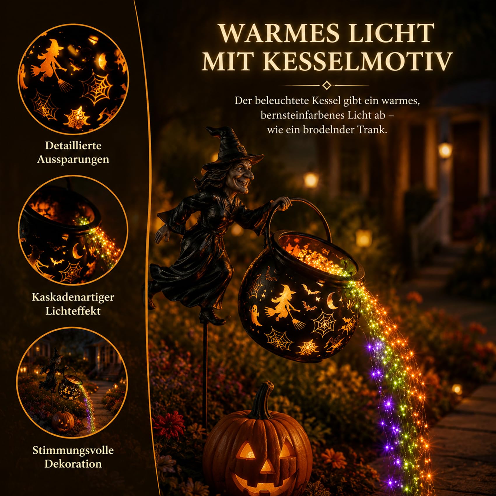 Leuchtender Halloween-Hexenkessel mit Hexe, 2027 NEU Magische HüTe – Hut- Und Wandprojektion Mit Lichterkette, Wasserfall-Stil für Halloween, Zauberhaft für Garten, Rasen und Wege (1)