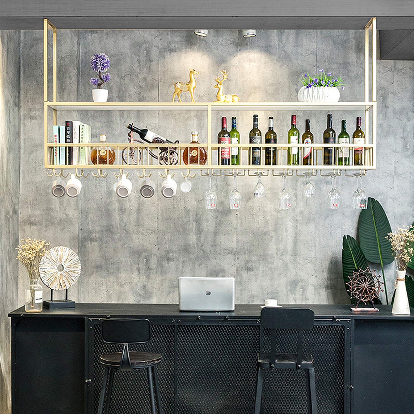 Support de verre à vin mural en métal noir pour plafond et armoire de cuisine de 80 à 100 cm