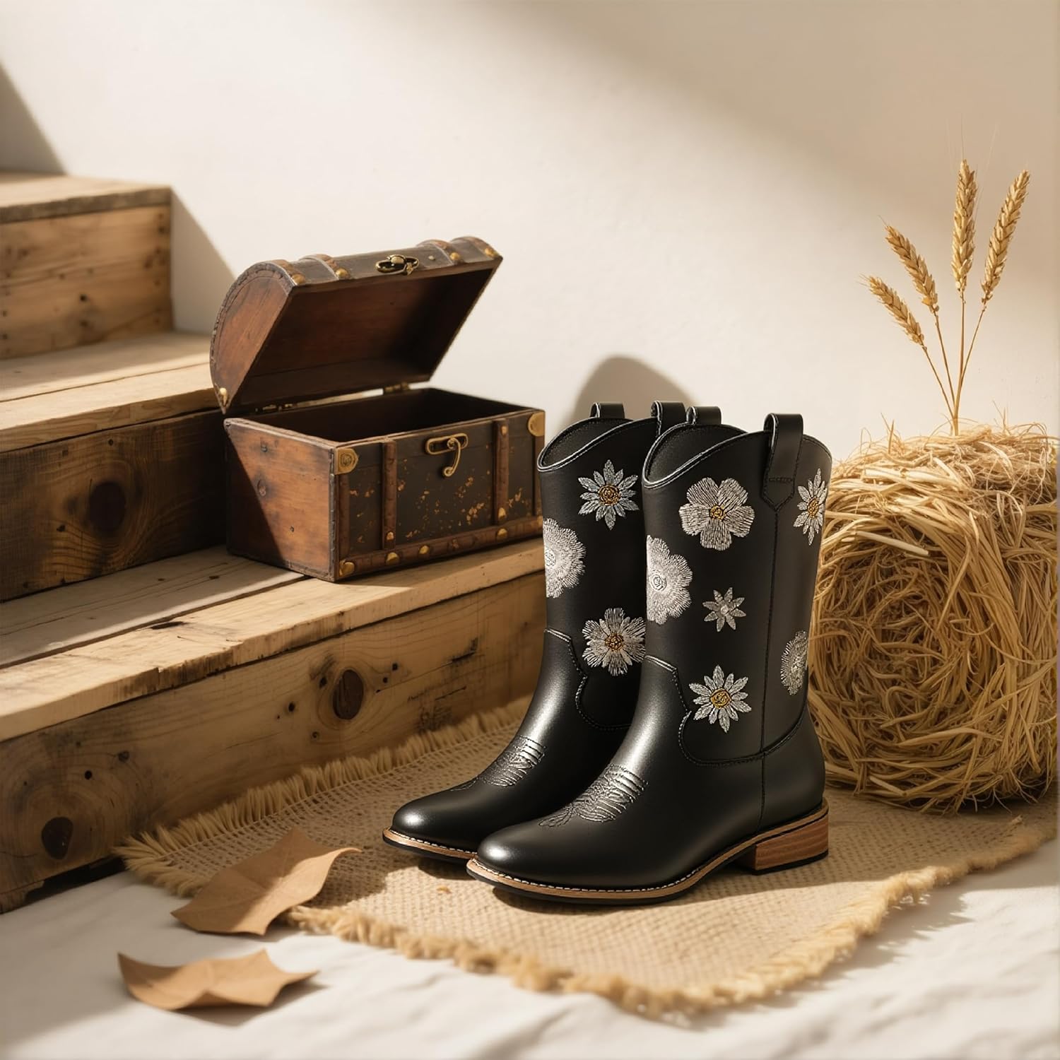 Goiphrri Cowgirl Boots For Girls Mid Calf Cowboy Boot Toddler Chunky Low Heel Western Boots with Floral Embroidered Square Toe Horse Riding Dress Shoes For Little/Big Kids