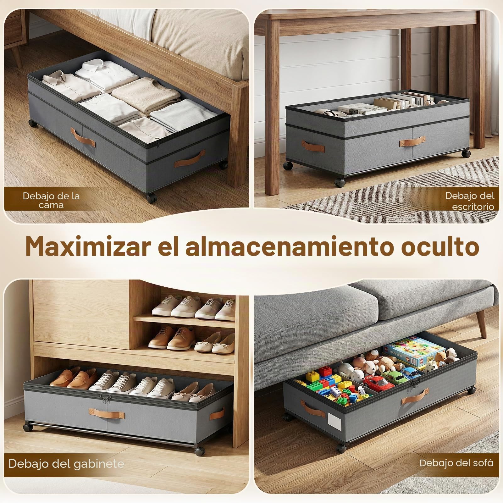 2 unidades de almacenamiento para debajo de la cama de 72 L, con ruedas de rotación de 360° y tapa de PVC, marco de metal, para ropa, zapatos, juguetes y mantas