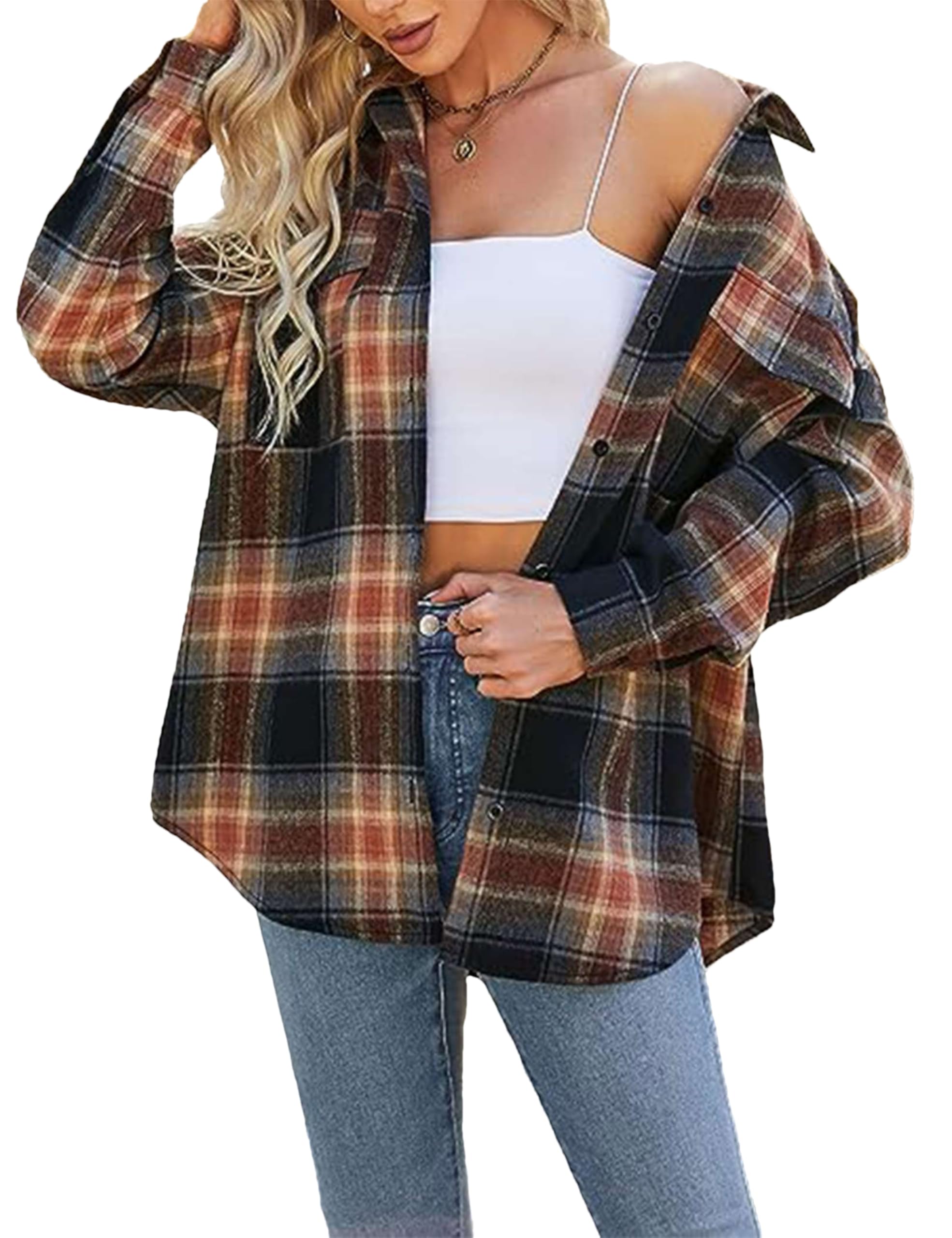 Zontroldy Camisas de franela a cuadros para mujer, de gran tamaño, ligeras, a cuadros, con botones, 02 caqui, M