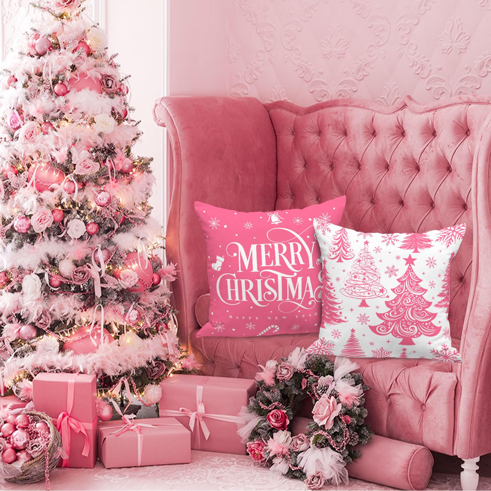 Lanpn 40x40 cm Pink Christmas Pillow Covers Set of 4, Christmas Decorations Pillowcase, Winter Decorative Pillow Case - Image 2