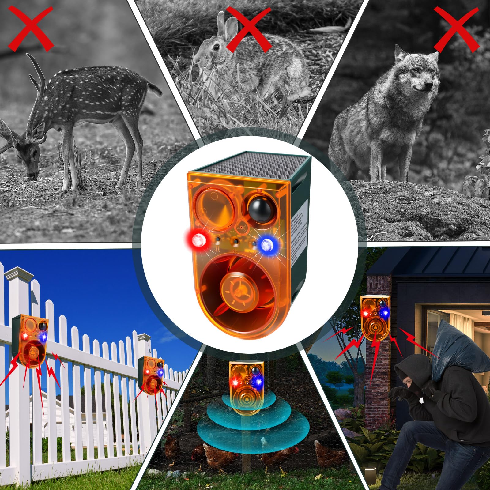 Qualirey Paquete de 2 alarmas solares con sensor de movimiento para exteriores, alarma ultrasónica disuasoria de animales, 13 sonidos, 130 dB, fabricante de ruido fuerte con control remoto USB, 4