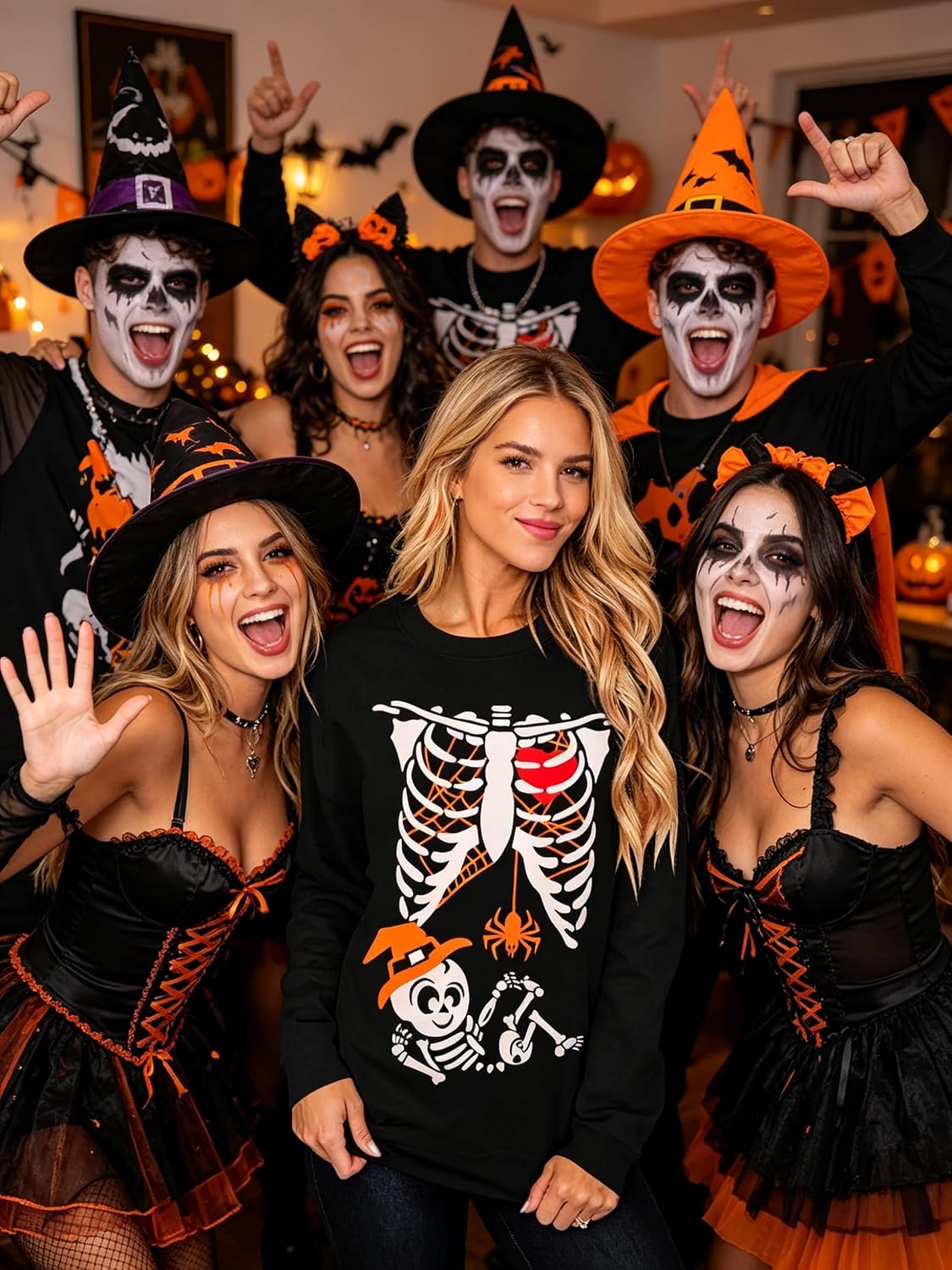 Barlver Women's Halloween Funny Skeleton T-Shirt Pumpkin Face Long Sleeve Novelty Cotton Costume Top Tees