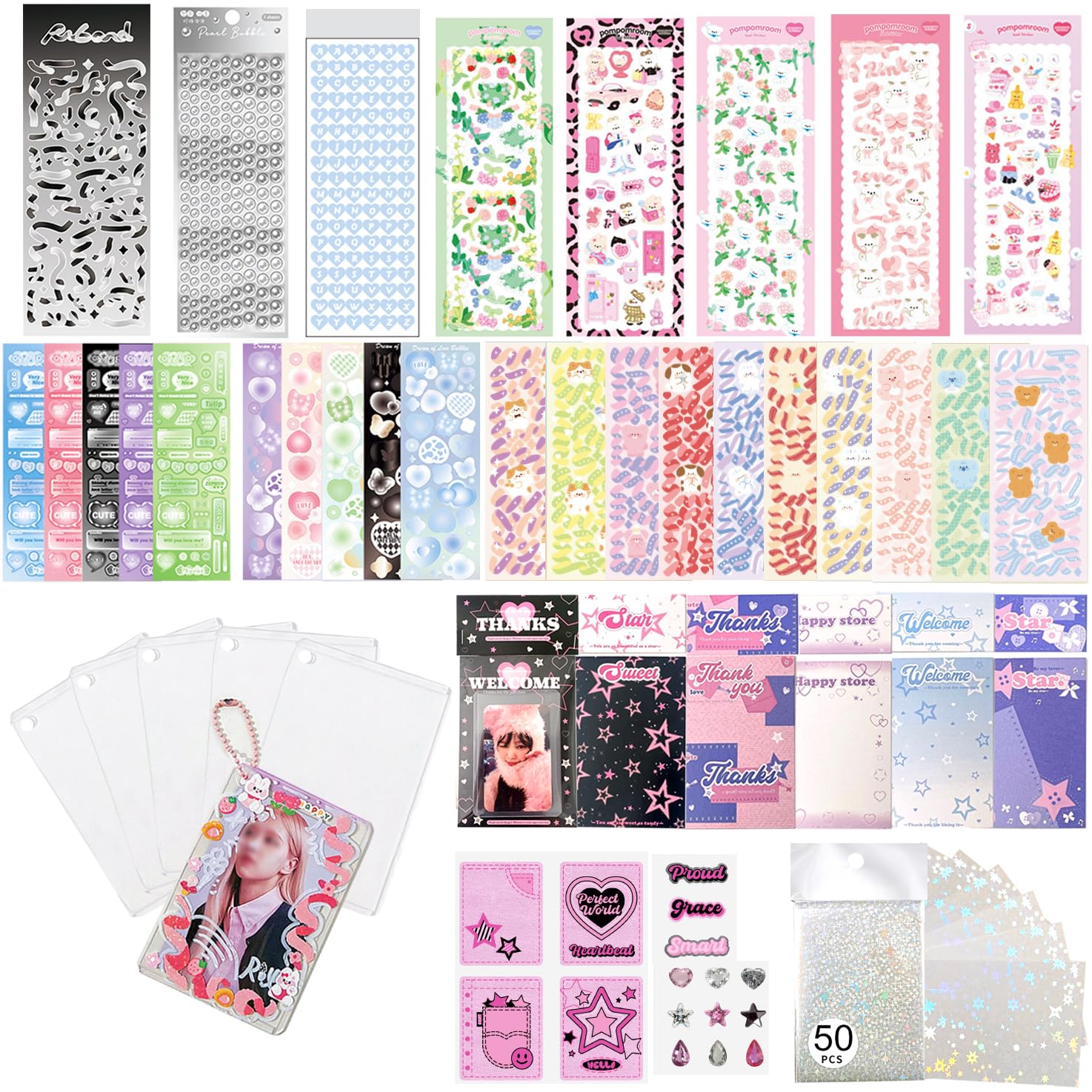 6 Kpop Photocard Holder Keychain Toploaders,6 Wrapped Gift Sets?50 Holographic Card Sleeves for Trading Cards,35Sheets Deco Stickers,2 Pcs Cute Little Pendant (Star II)
