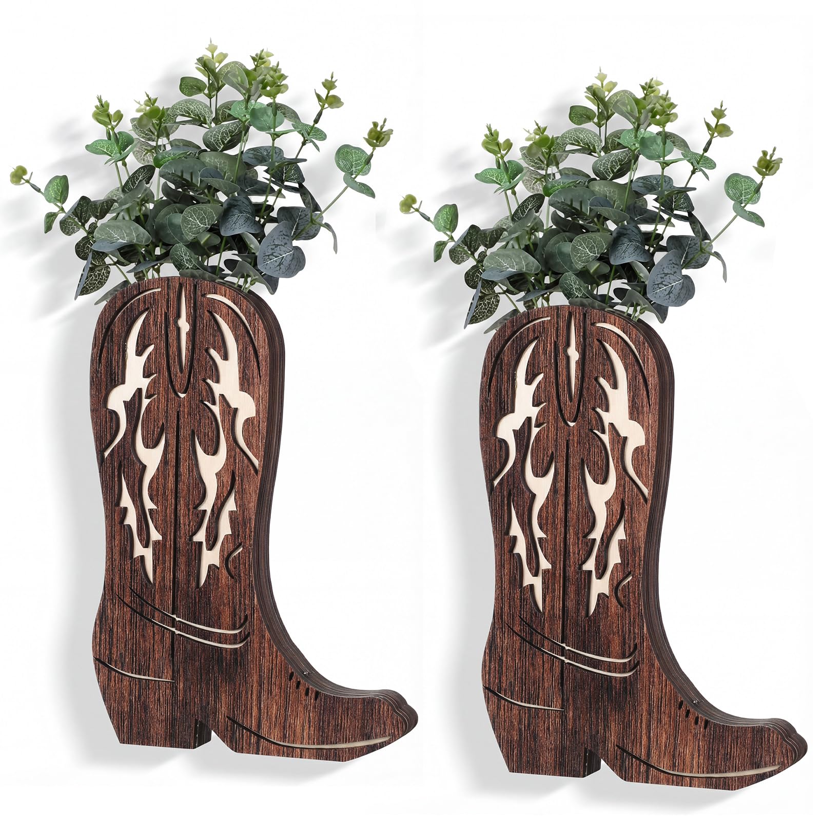Havawish 2 Pcs Country Room Decor Western Cowboy Wood Boots, Dark Brown