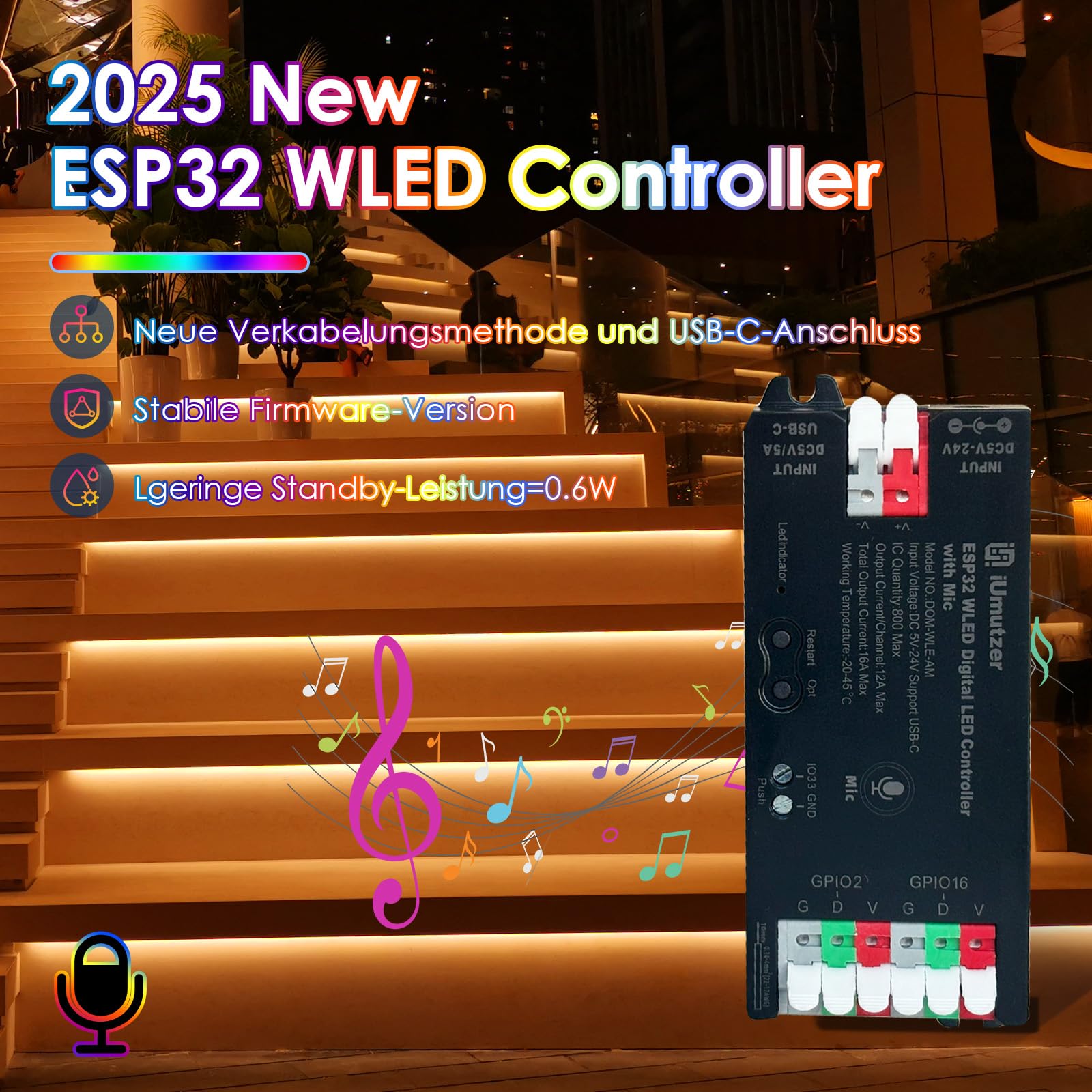 WLED Controller ESP32 mit Mikrofon für Adressierbarer LED Streifen Digital RGB IC WS2811 WS2812B SK6812 WS2815 (WLED Controller USB-C & UART)