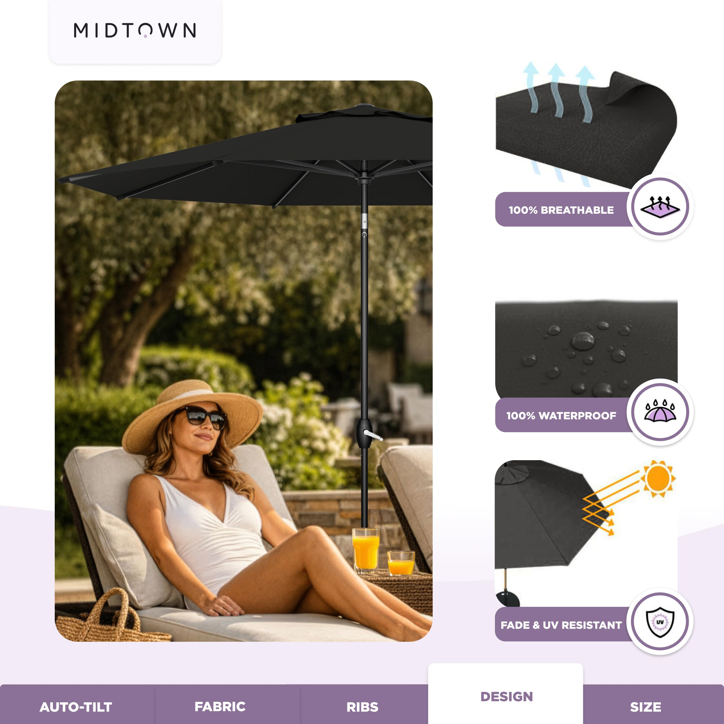Midtown Umbrellas - The Lean 10 Ft Patio Umbrella with Fade-Resistant Sunbrella Fabric, Auto-Tilt Aluminum Frame and 8 Reinforced Ribs for Deck, Pool & Garden