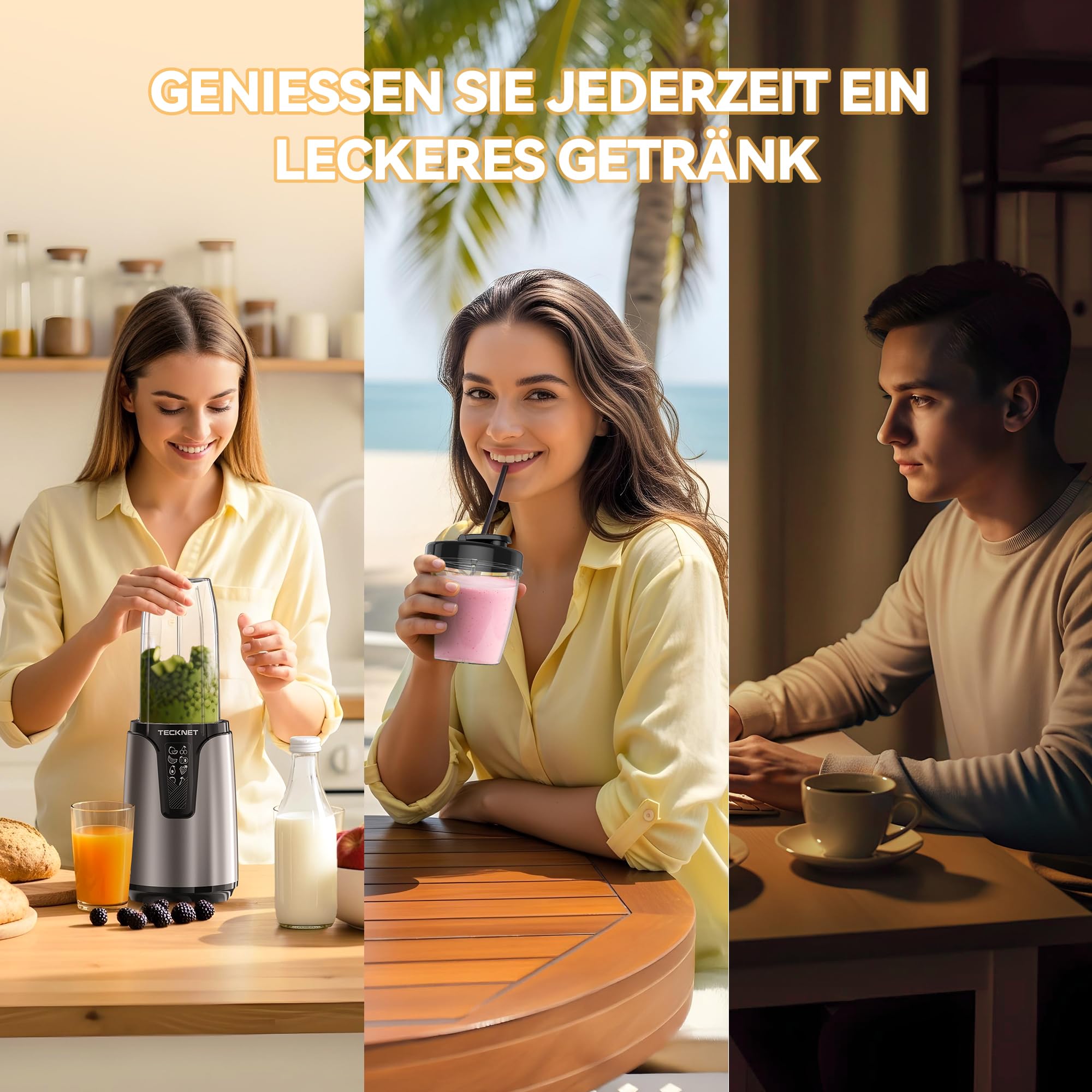 TECKNET 1000W Smoothie Maker, Smoothie Mixer mit 2 BPA-freie Becher (500ml&150ml), Standmixer Klein mit Kreuzklingen aus Edelstahl 304, Smoothie Maker to go für Milchshakes & Smoothie & Babynahrung