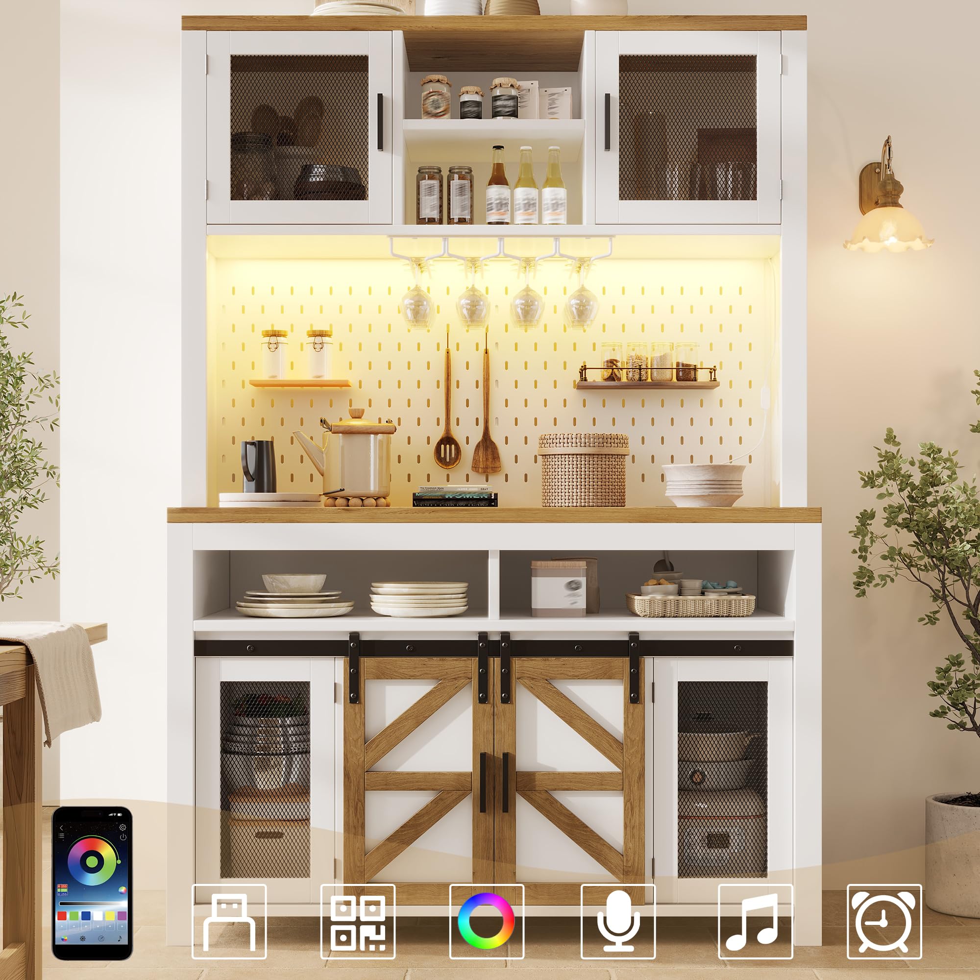 Küchenschrank mit LED-Beleuchtung und USB-Anschluss, Hochschrank mit Multifunktionaler Stauraum, Buffetschrank mit Metallgittertüren und Lochblech, Weiß-B, 120x40x174.5 cm
