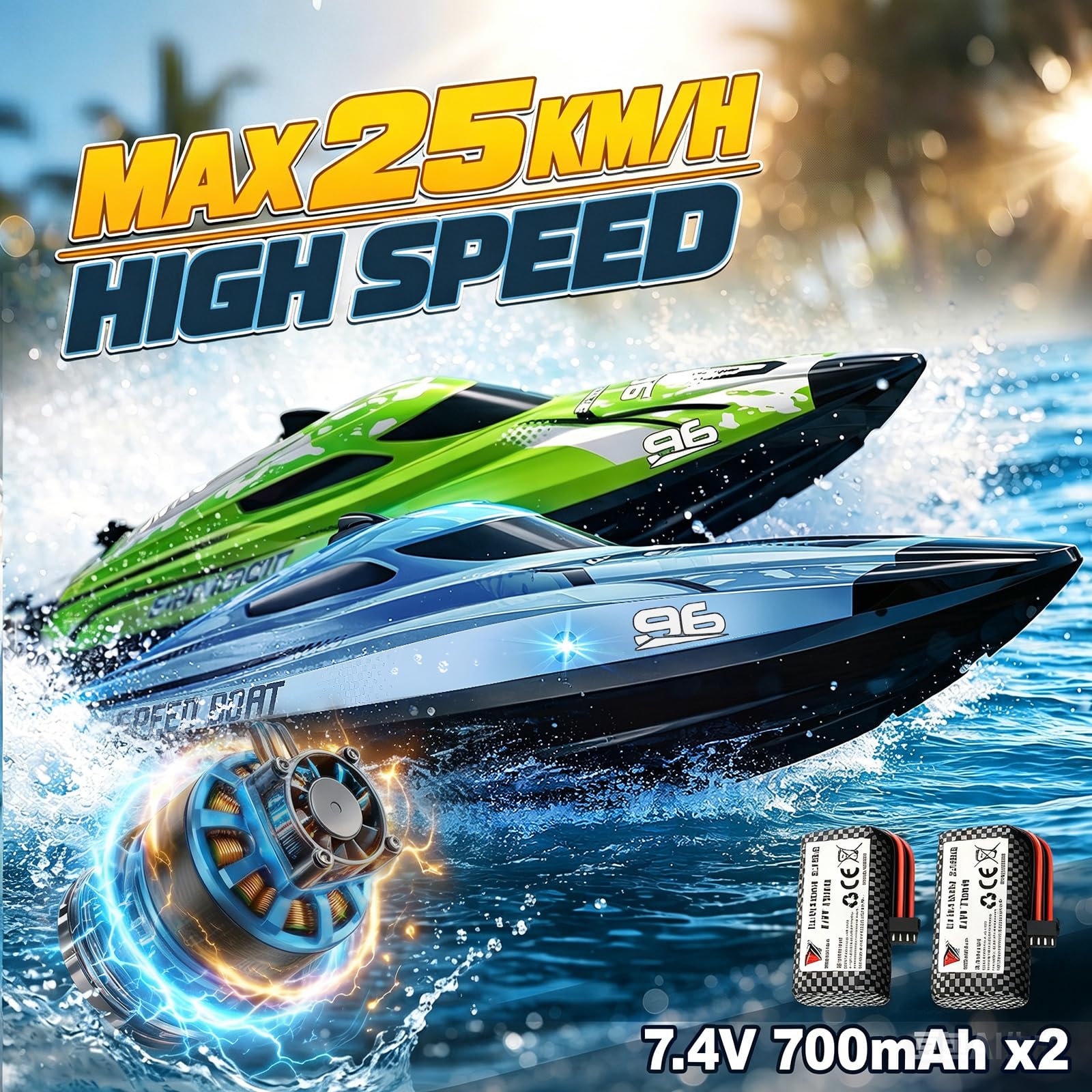 YESHIN RC Boot 25 km/h, 2,4 GHz High Speed Ferngesteuertes Boot mit LED, 2 Batterien, Wasserdicht & Kentersicher, Überdruck Erinnerung, Geeignet für Pool Seen, Geschenk für Kinder & Erwachsene (Grün)