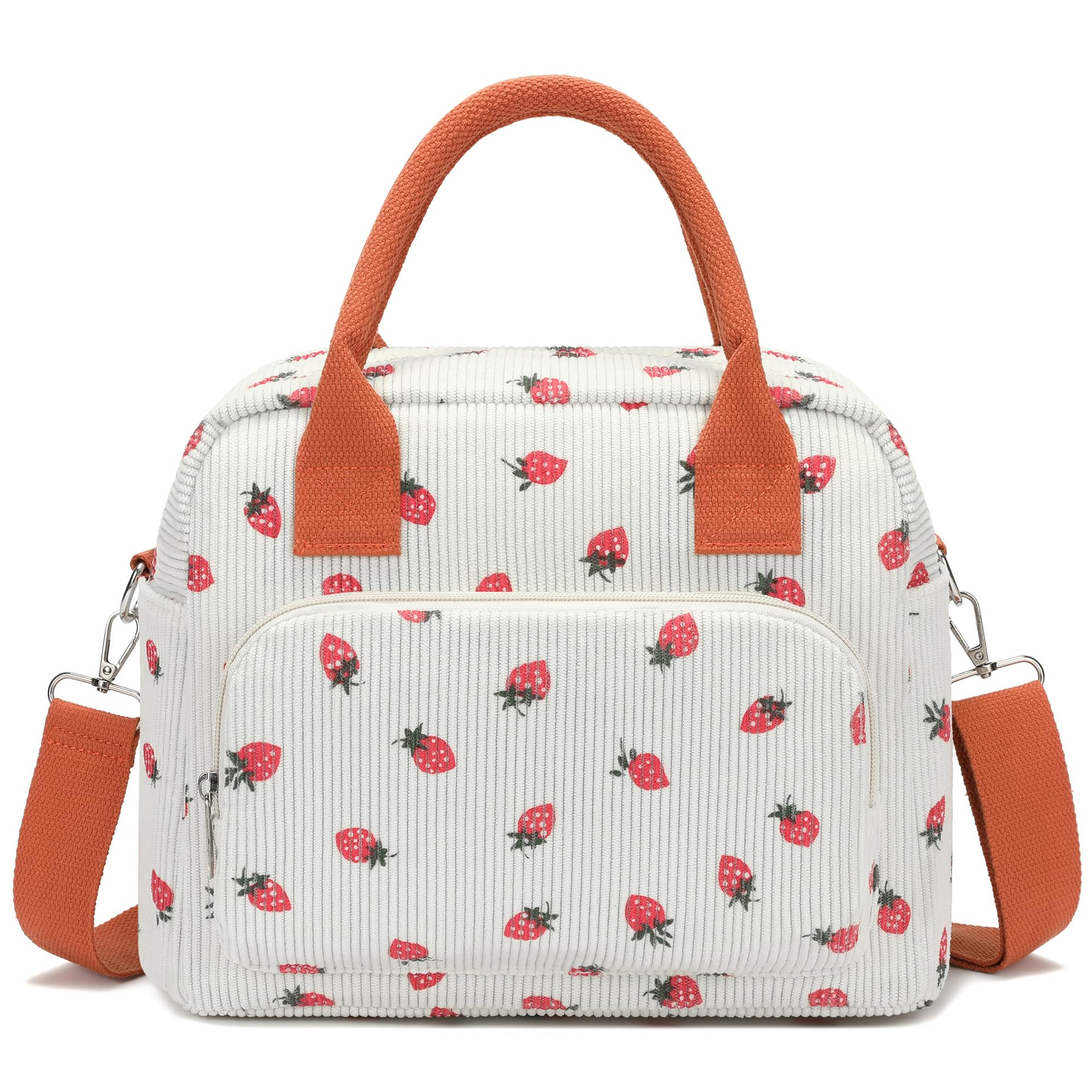 RLGPBON Lunch Bag for Women Girls Lunch Box Large Insulated Tote Bag, Cute Strawberry Corduroy Reusable Lunch Box for Adult for Work Picnic or Travel