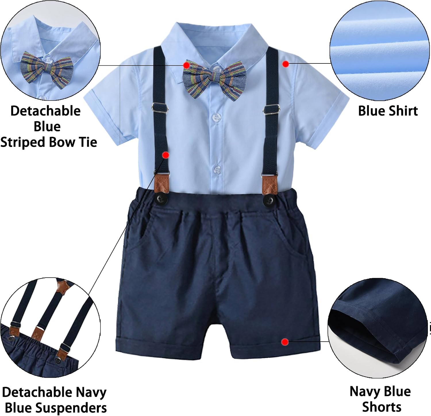 SANGTREE Baby Boys Summer Gentlemen Outfit, Dress Shirt with Bow Tie + Suspender Shorts Clothes for Toddlers Baby & Little Boys Light Blue, Tag 110 = 2-3 Years
