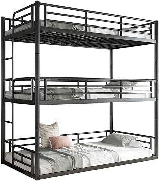 Bellemave Metal Triple Bunk Bed with Full-Length Guardrails, Twin Over Twin Over Twin Bunk Bed for 3, Noise-Reduced & Multifunctional, Metal Black