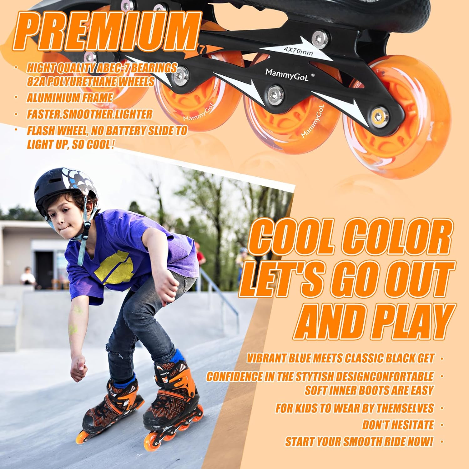MammyGol Kids Inline Skates Boy or Girls Adjustable Skates with Illuminating Wheels Roller Skates for Beginners - Image 2