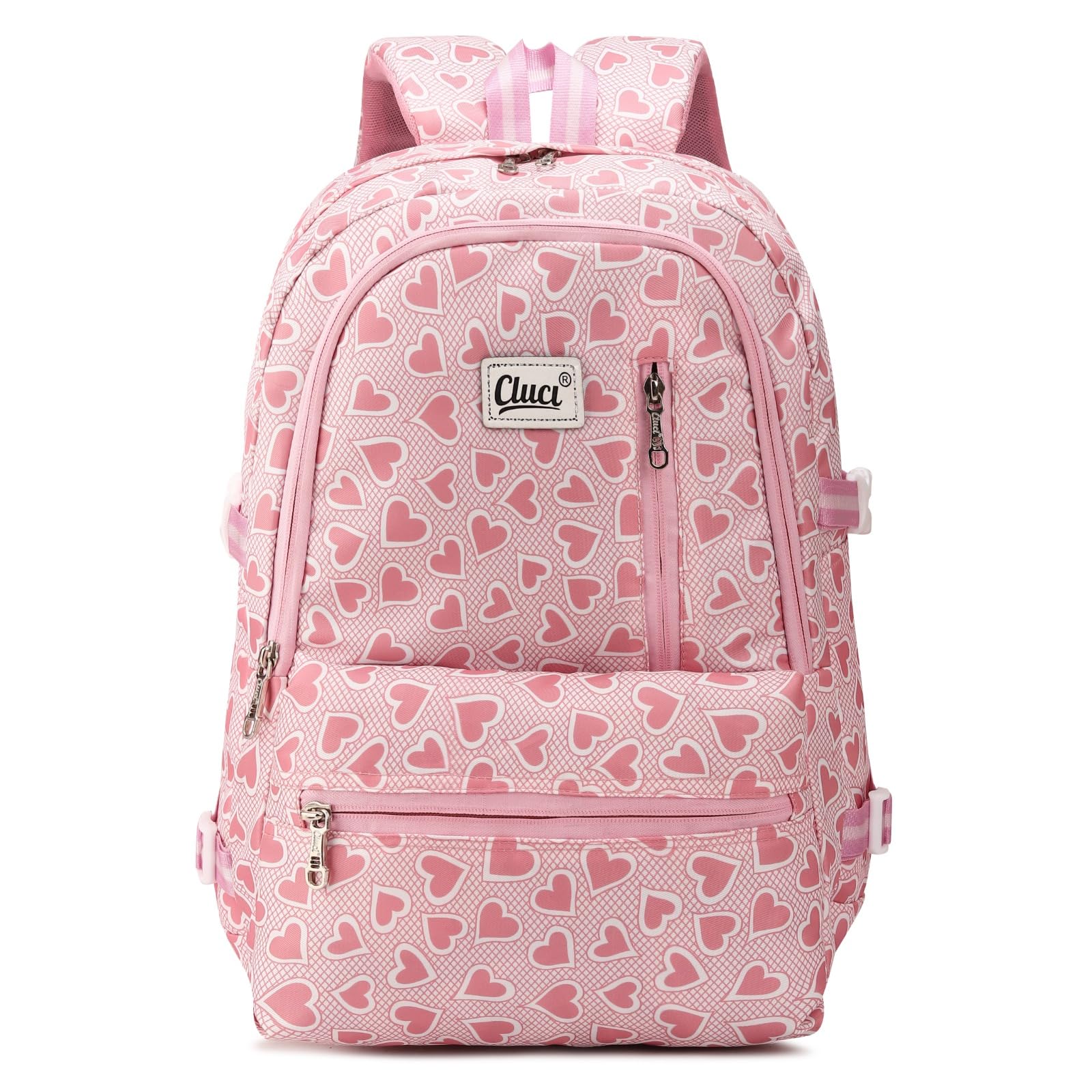Heart Print School Backpack for Girls | Lightweight Polyester School Bag | Multiple Zip Compartments | Adjustable Padded Shoulder Straps | Pink | 22L-picture-46