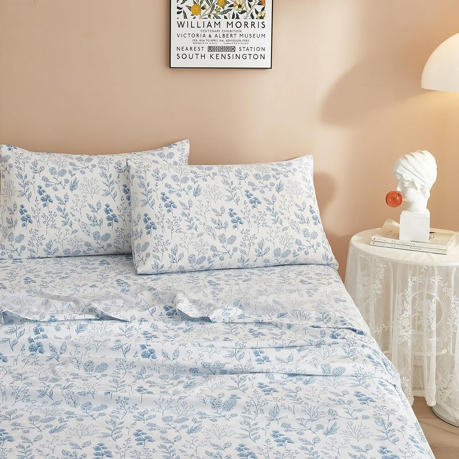 LifeTB 3 Piece Floral Bed Sheets Set Twin XL Sheets & Pillowcase Set - Extra Soft Vintage Blue Floral Sheets Set Deep Pocket 16" - Botanical Flower Luxury Soft Cooling Bed Sheets for Twin XL Size Bed - Image 4