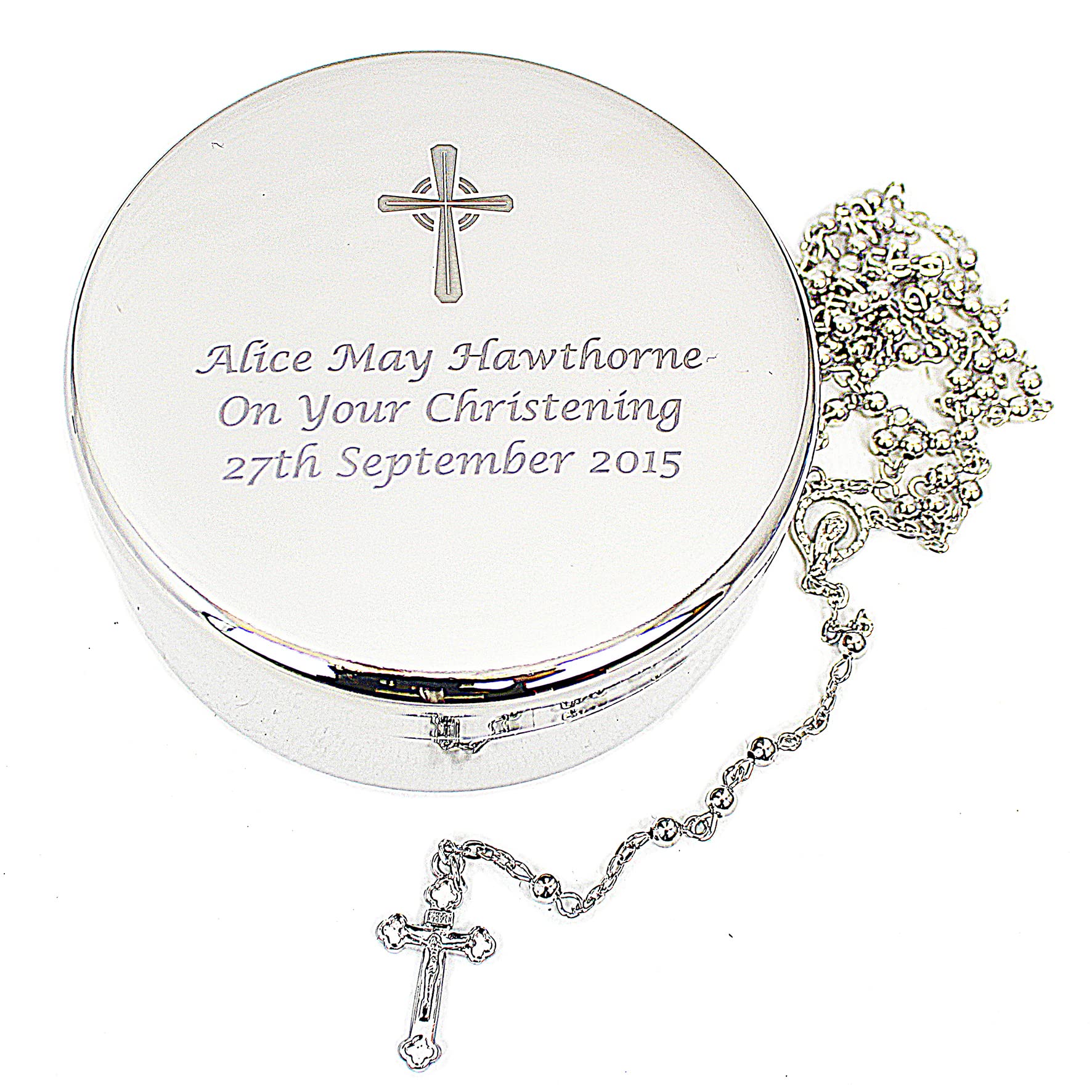 Personalised Memento Silver Custom Personalised Cross Round Trinket Box With Rosary Beads For Christening, Communion, Confirmation, Birth, Baptism