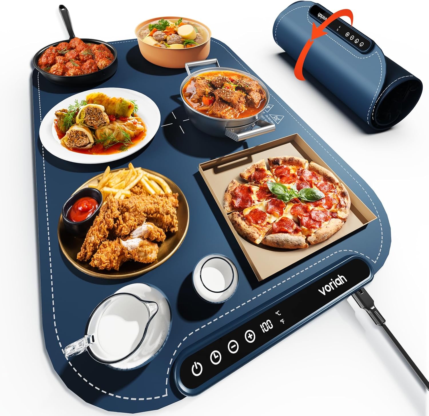 Warming Mat for Food, Voriah Electric Warming Tray with 99H Timer & 8 Temperature Settings, Foldable Food Warmer with °C/°F Switch, Keeps Food Warm at Buffets, Sabbath, Family Gatherings?Navy Blue? L-24*16'' Navy Blue