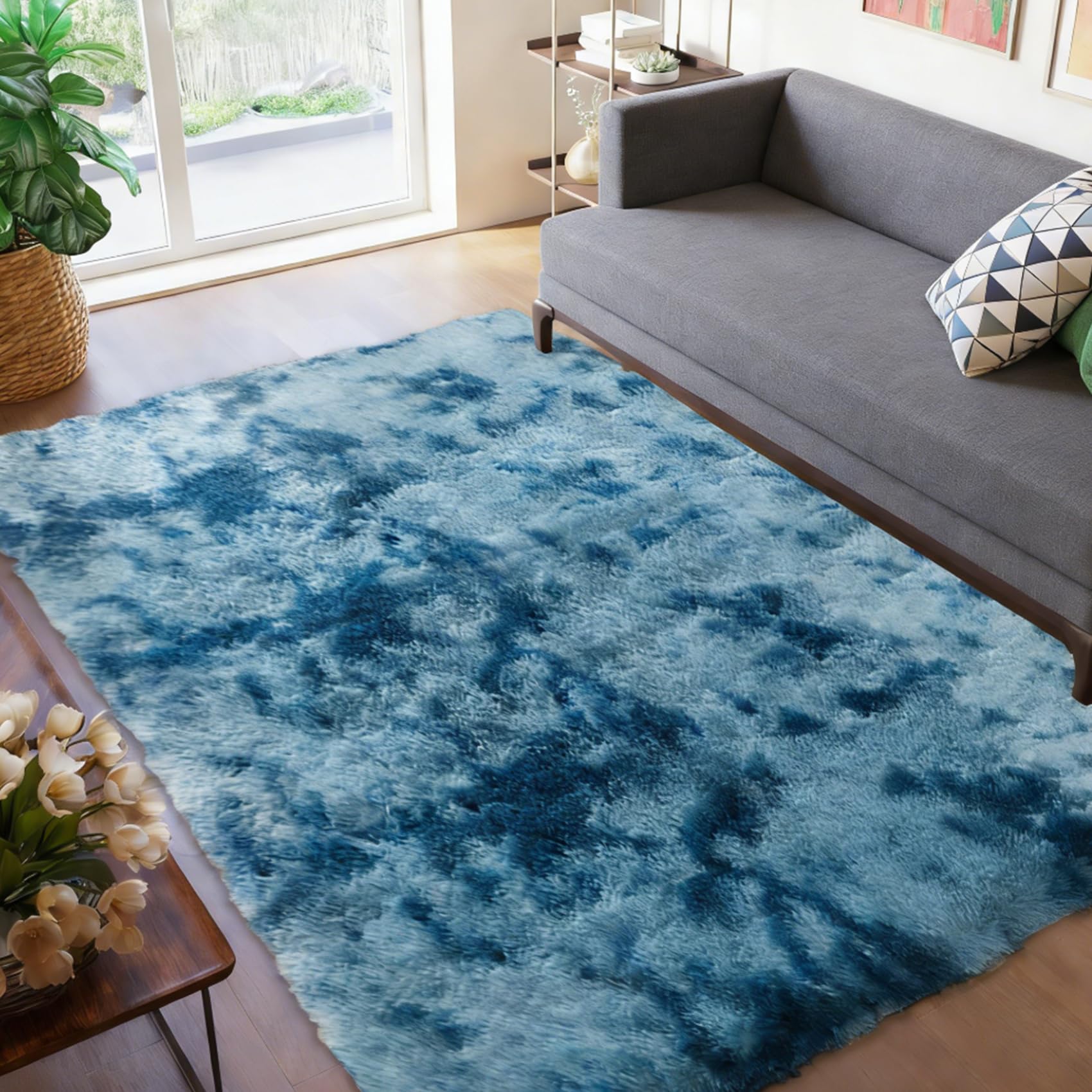 Shaggy Teppich 120 x 180 cm, Waschbar, Flauschige Oberfläche, Robust, Spitzenqualität, Pflegeleicht, in Vielen Farben & Größen, Wohnzimmerteppich Waschbar Teppich, Blau