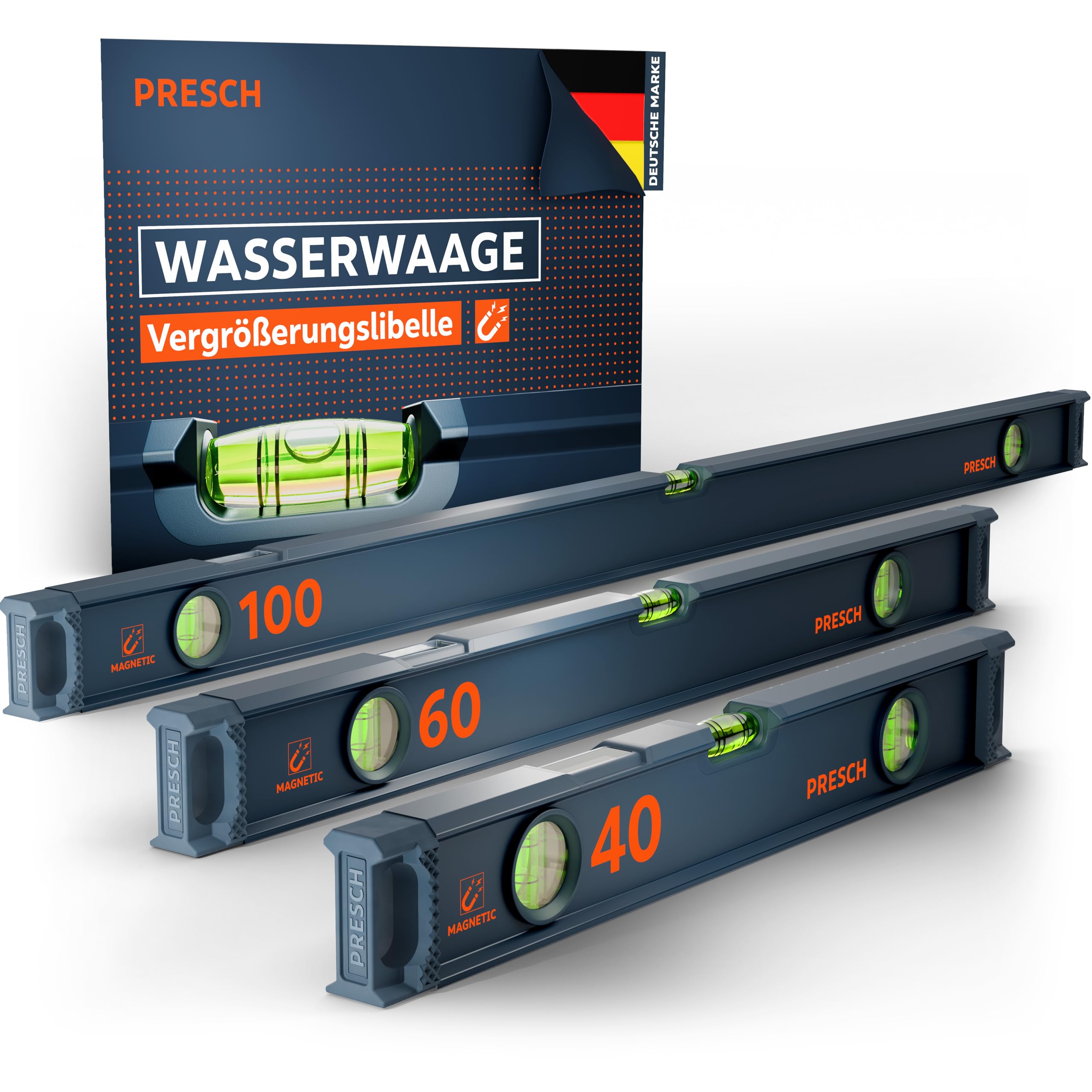 Presch Wasserwaagen Set 3tlg. magnetisch 40cm 60cm 100cm Bruchfeste Weitwinkellibelle 2% Gefälle-Anzeige Vertical-View-Funktion Rutsch-Stopp-Endkappen