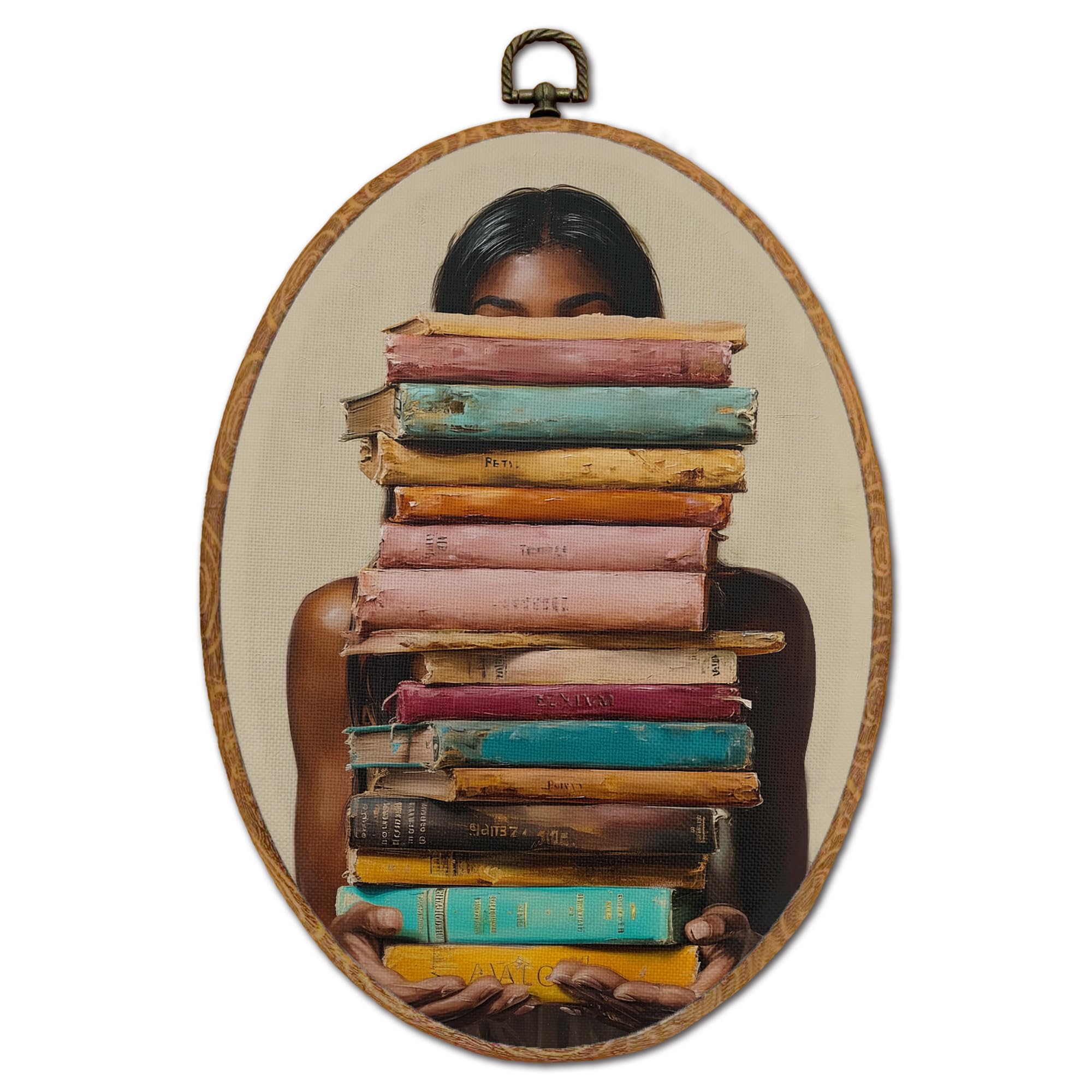 DOFQZ Black Women Books Oval Wall Art Decor, African American Bookish Framed Wall Art, Black Girls Reading Walls Hanging Decor for Library Reading Corner Room Classroom, 8.5x11.5 Inch