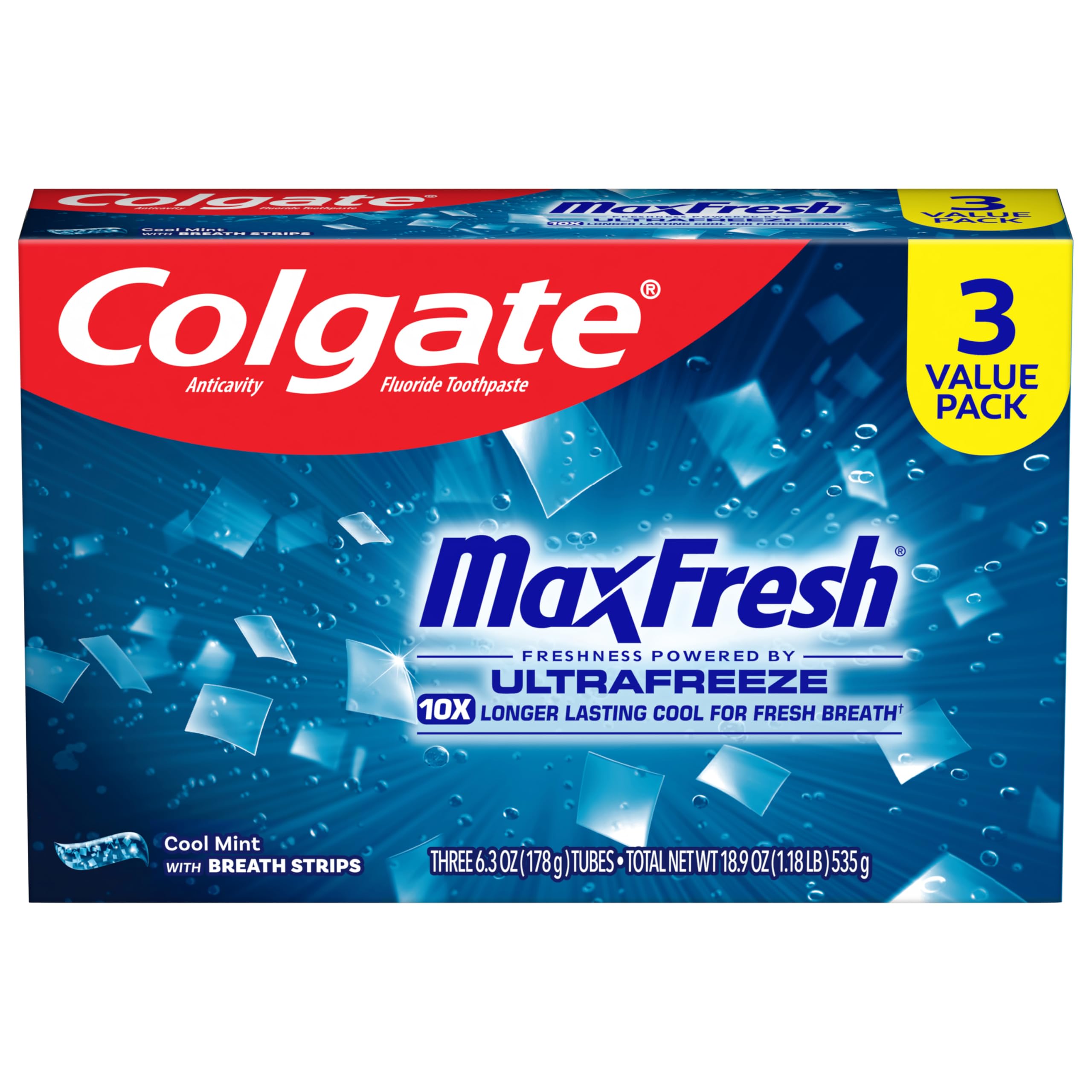 Colgate Max Fresh with Whitening Toothpaste with Mini Breath Strips, Cool Mint Toothpaste for Bad Breath, 6.3 Ounce Tube. 3 Pack 6.3 Ounce (Pack of 3) Cool Mint (Breath Strips)