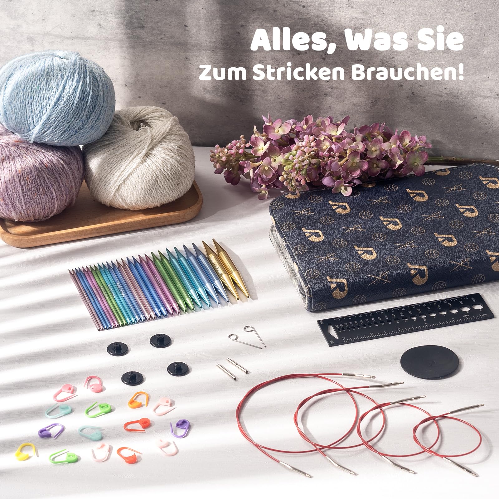 RUIDI Rundstricknadeln Set Austauschbar, 13 Paare mit Etui & Zubehör | Größen 2,75-10 mm, 10 cm glatte Aluminium-Nadelspitzen, 4 flexible Kabel ohne Memory-Effekt für vielseitige Strickprojekte