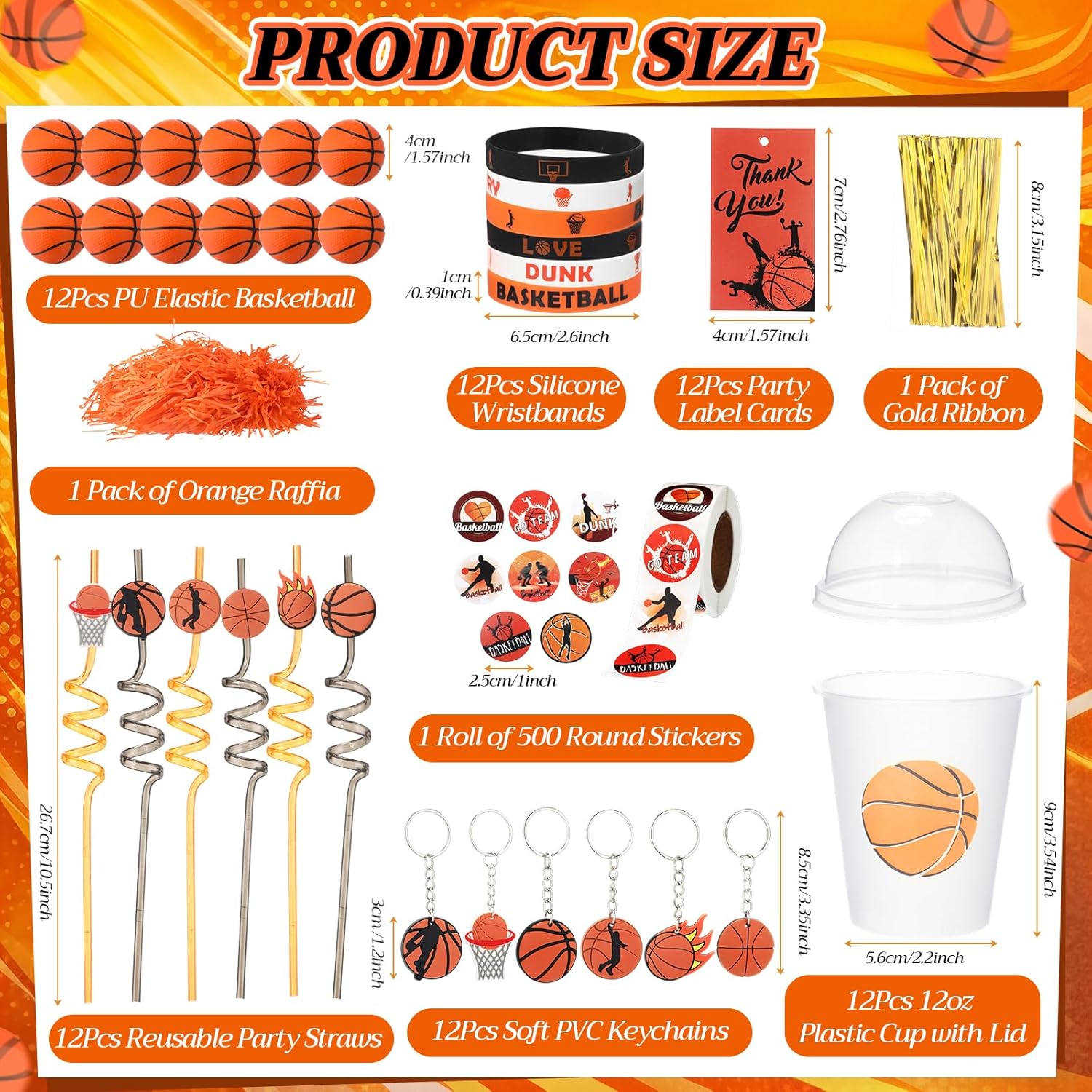 Yungyan 87 Pcs Basketball Party Favors, 12 Set Sports Birthday Party Supplies Goodie Bag Stuffers, Including PVC Gift Bag, Keychain, Cup, Spiral Straw, Bracelet, Stickers, Stress Ball, Cards