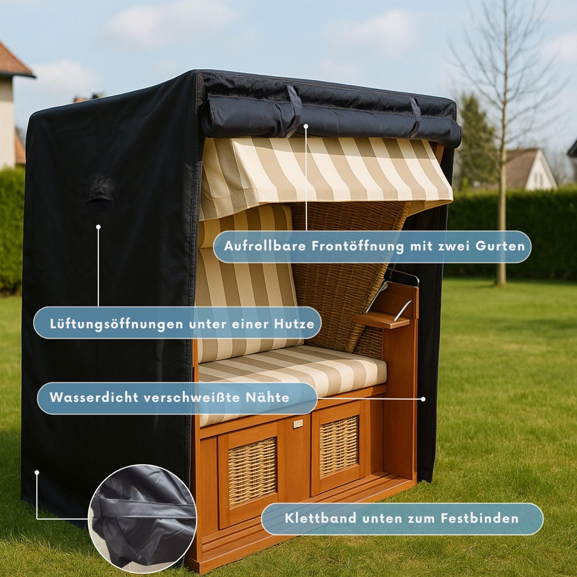 Finew Strandkorb Schutzhülle Winterfest aus 420D Oxford Stoff, 135x105x175/ 140cm Strandkorbhülle Winddicht, UV Beständig, Reißfest, Abdeckung Strandkorb Wasserdicht(Schwarz