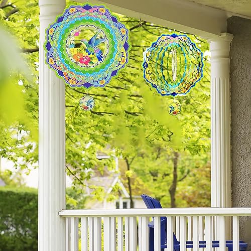 Miniatura 9 de Molinillos de viento colgantes de colibrí, molinillo de viento 3D, escultura de viento de metal de 12 pulgadas, atrapa viento de acero inoxidable
