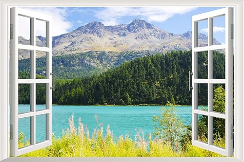 Miniatura 1 de Calcomanías de pared de bosque de montaña natural lago y lago 3D con vista al lago decoración de póster mural calcomanías de pared para sala de