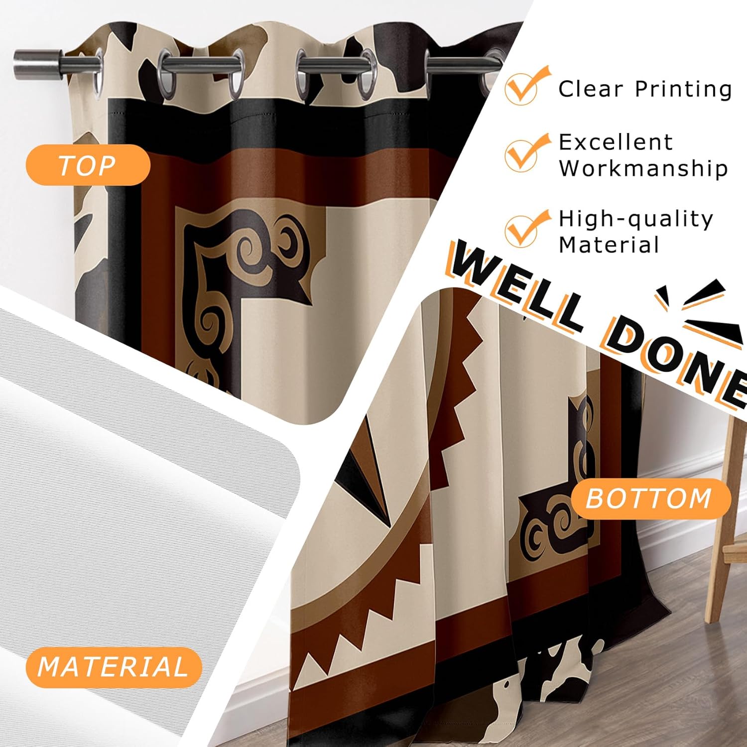 Western Blackout Curtains 84 Inch Length 2 Panels Set - Texas Star Cowboy Brown Farmhouse Curtains for Bedroom Living Room, Room Darkening Grommet Drapes Patterned Window Treatments