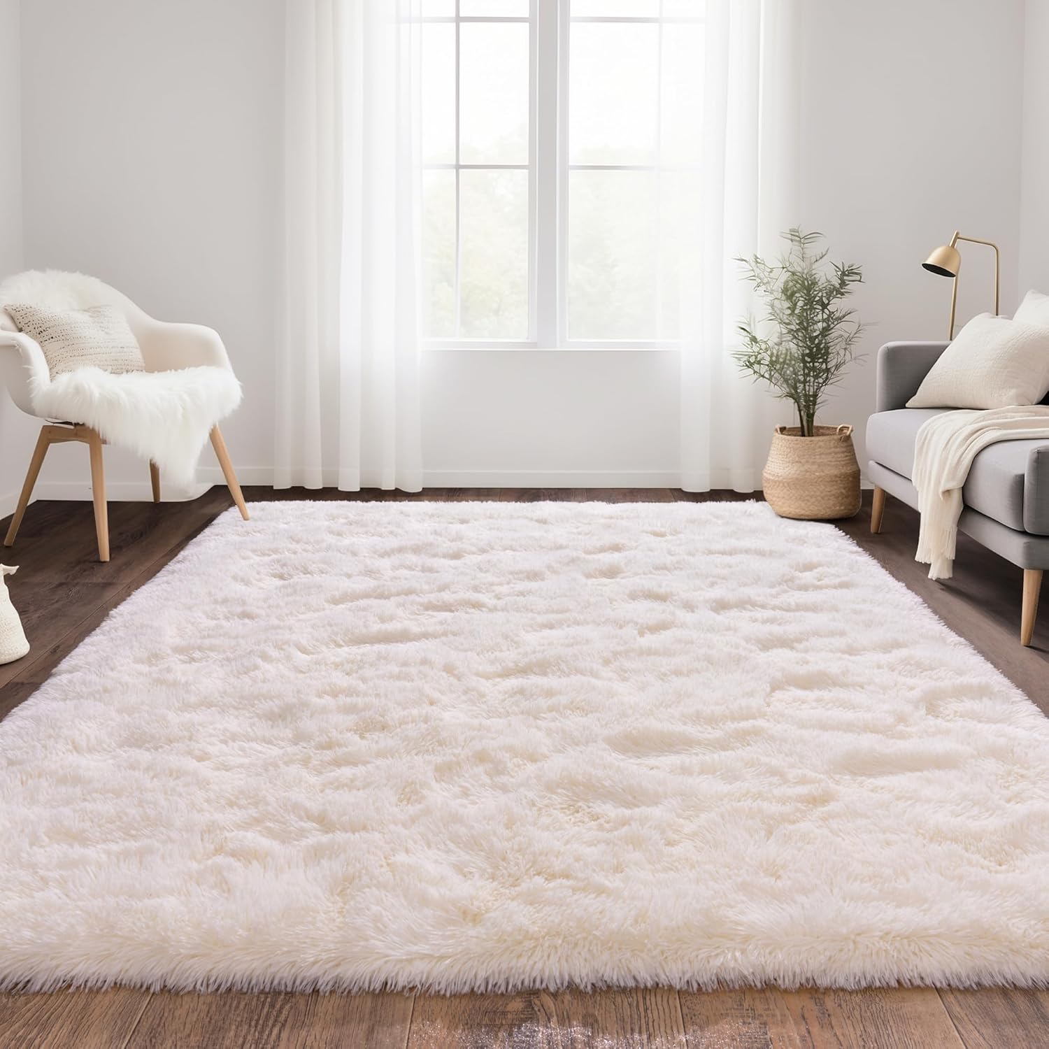 White Fluffy Rug for Bedroom 4x5.9 ft - Ultra Soft & Non Slip Shaggy Area Rug, Comfy Durable Carpet for Living Room Kids Room Teens Dorm Home Decor, 1.7'' Thick Indoor Plush Carpets Off White 4x6 feet