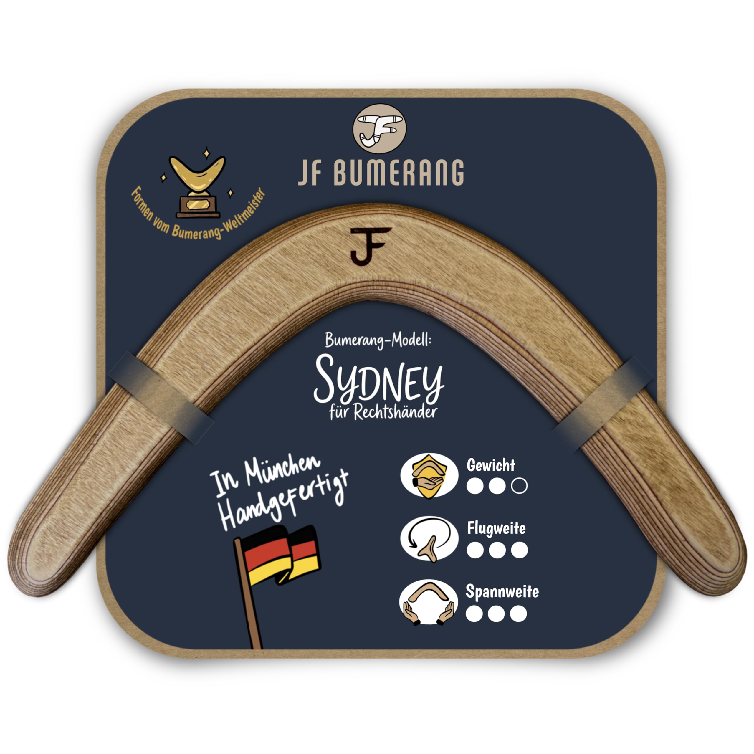 Bumerang Sydney | Handgefertigt in DE | Erwachsene ab 12 (Rechtshänder) | Vom Boomerang Weltmeister entwickelt | Spezialholz (10 Schichten) | Vater-Sohn Manufaktur | Inkl. Anleitung