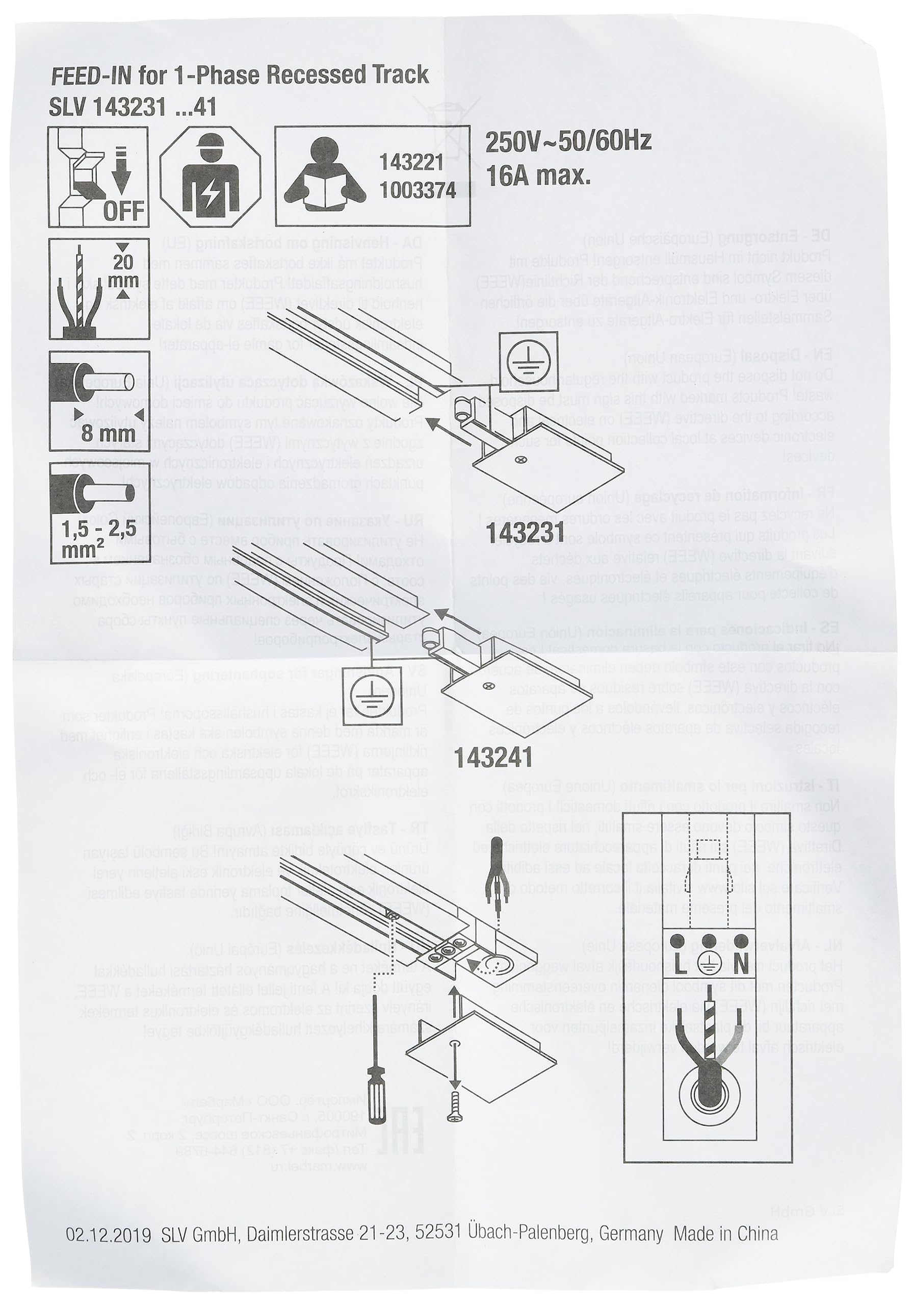 SLV Einspeiser für 1-Phasen HV-Stromschiene Einbauversion, Erde rechts, weiß 143241